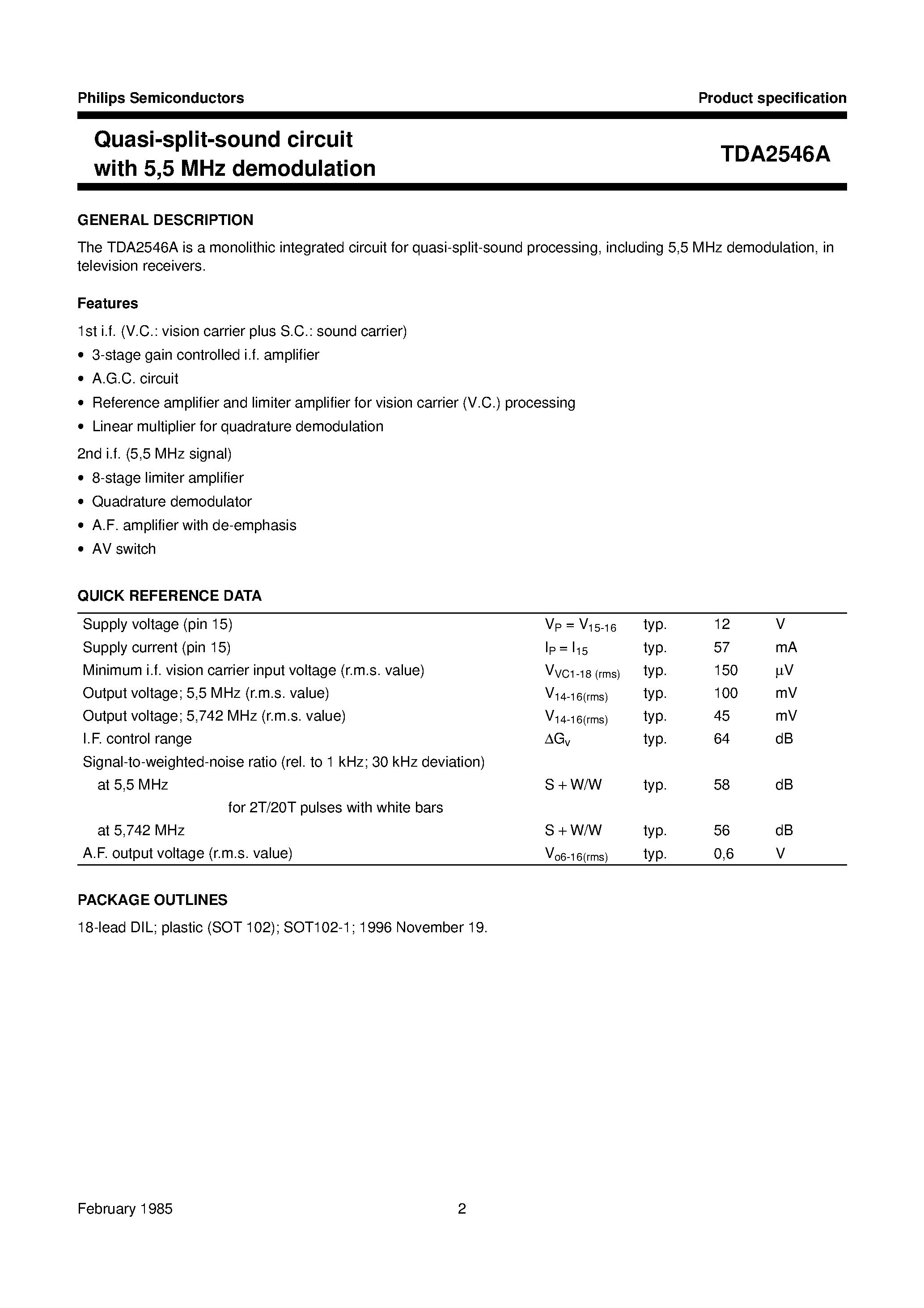 Даташит TDA2546A - Quasi-split-sound circuit with 5/5 MHz demodulation страница 2