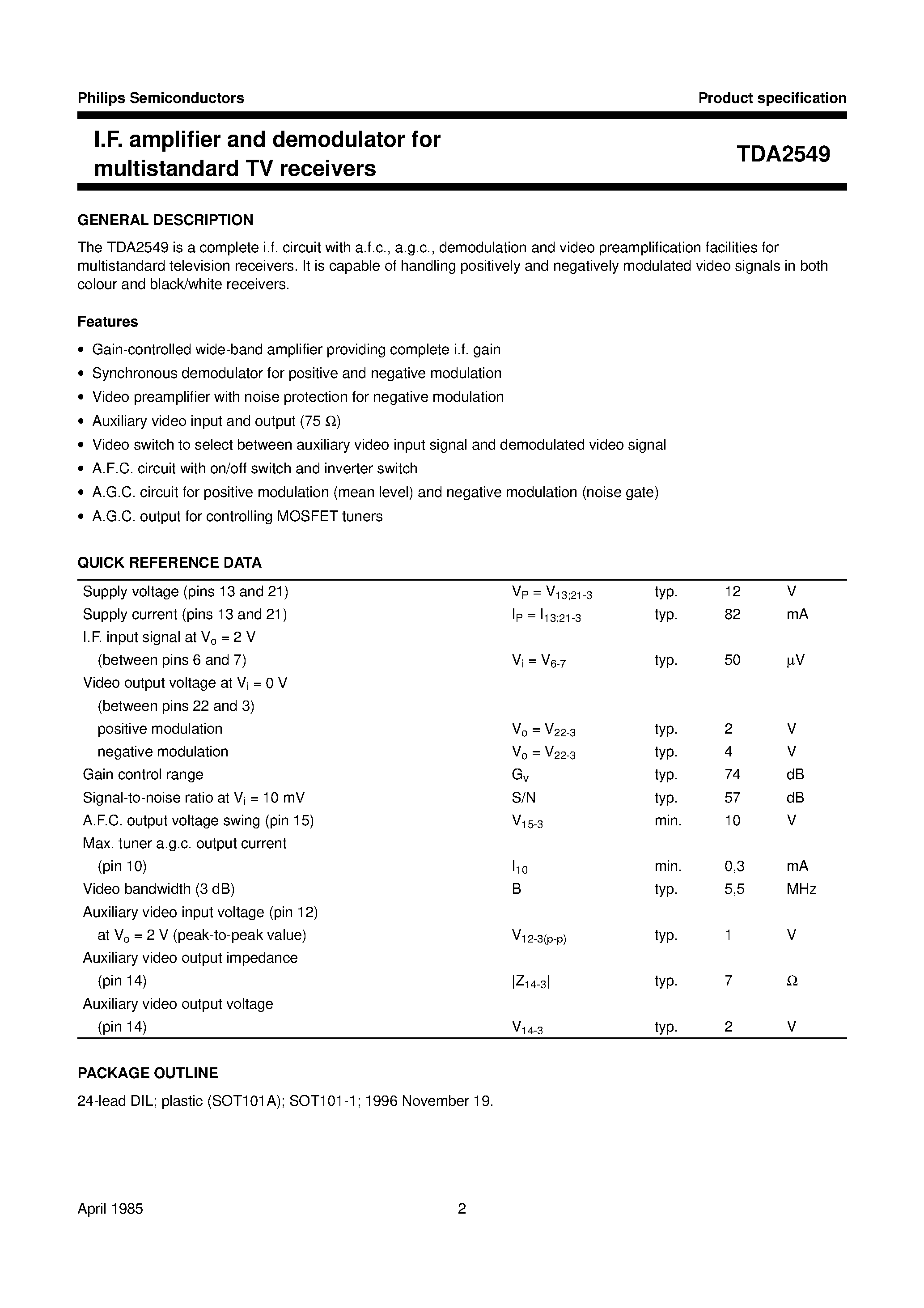 Даташит на микросхему TDA2549 страница 2 Даташит TDA2549 - I.F. amplifier and demodulator for multistandard TV receivers страница 2