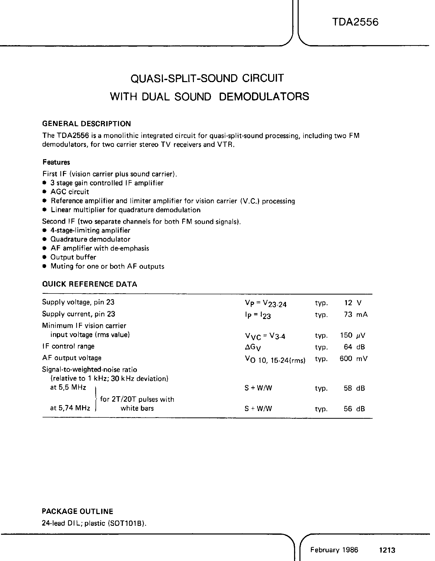 Datasheet TDA2556 - QUASI SPLIT SOUND CIRCUIT WITH DUAL SOUND DEMODULATORS page 1