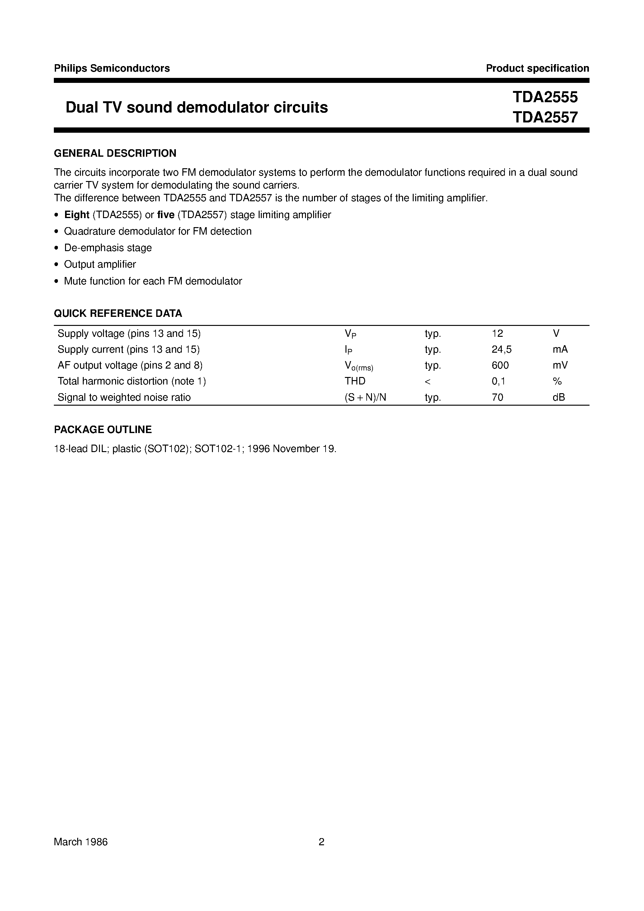 Datasheet TDA2557 - Dual TV sound demodulator circuits page 2