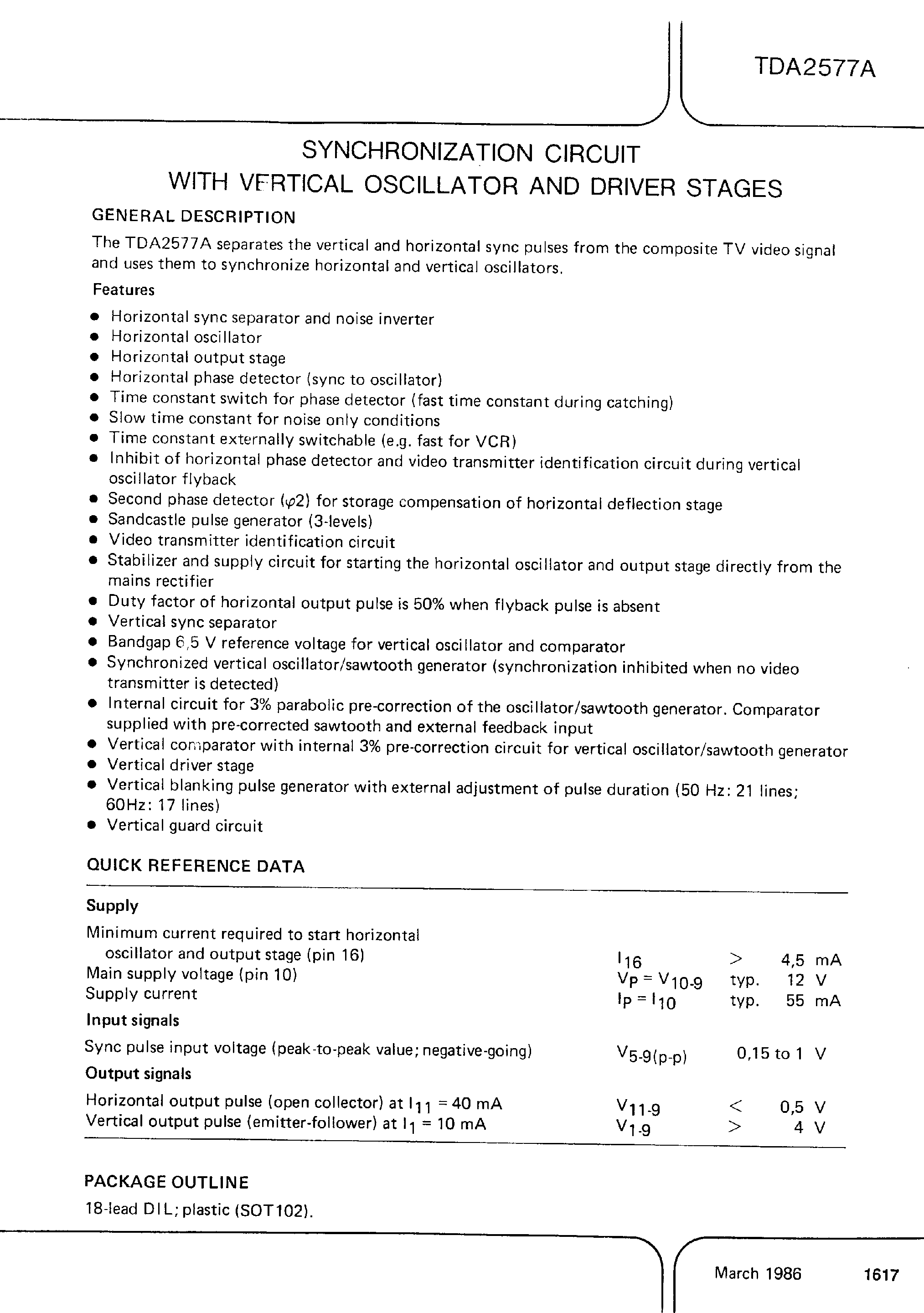 Datasheet TDA2577A - SYNCHRONIZATION CIRCUIT WITH VERTICAL OSCILLATOR AND DRIVER STAGES page 1