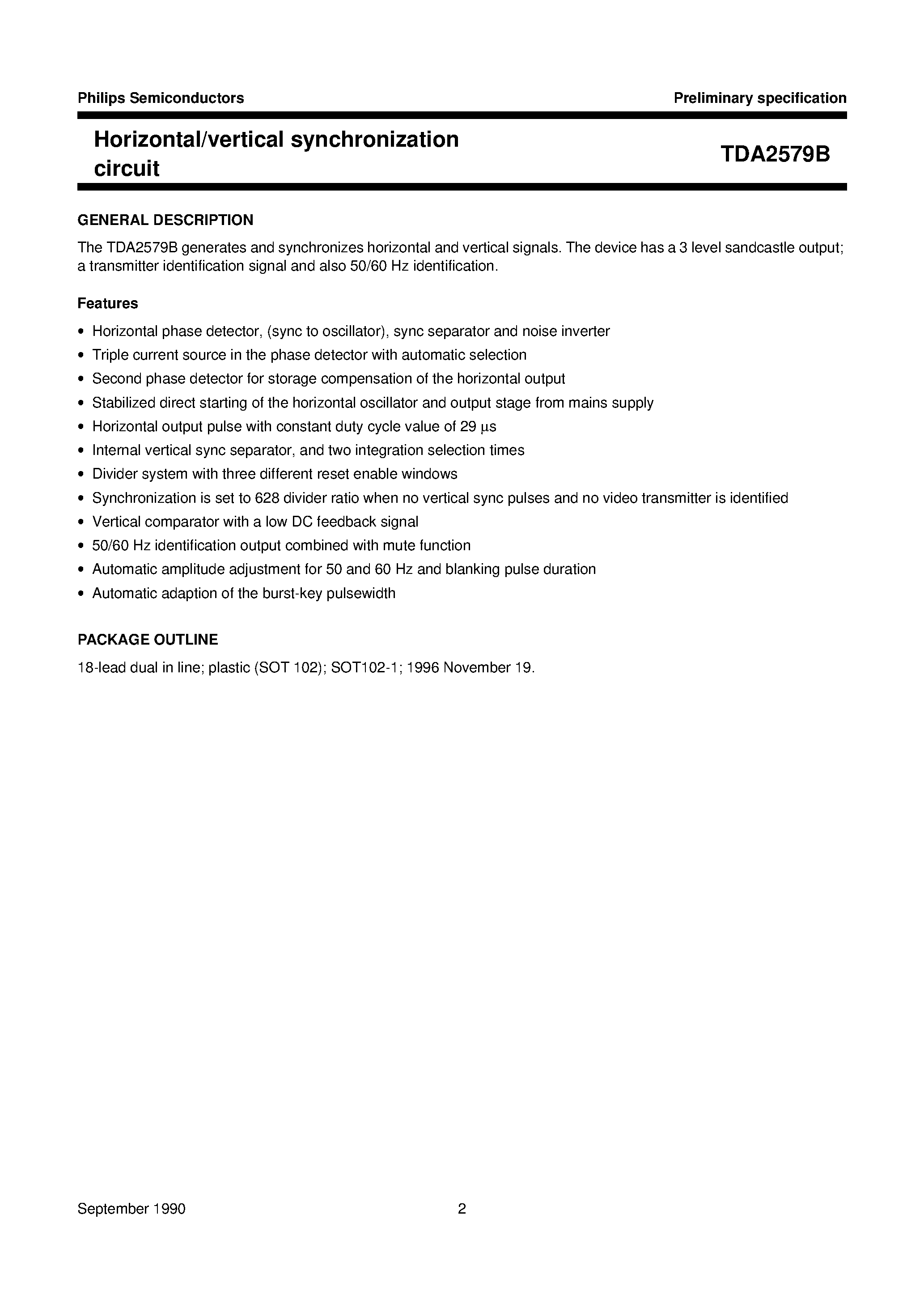 Datasheet TDA2579B page 2 Datasheet TDA2579B - Horizontal/vertical synchronization circuit page 2