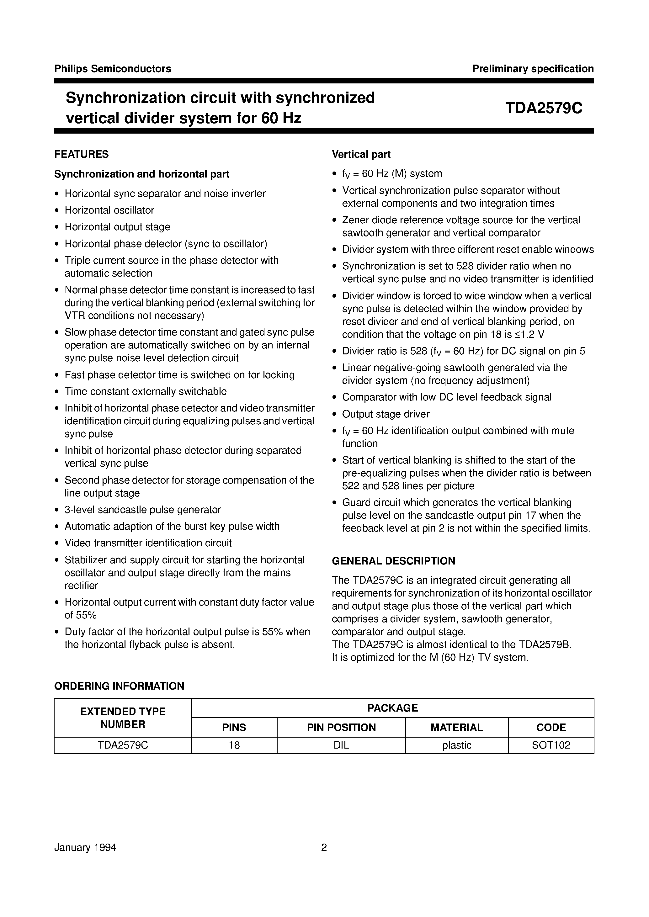 Datasheet TDA2579C - Synchronization circuit with synchronized vertical divider system for 60 Hz page 2