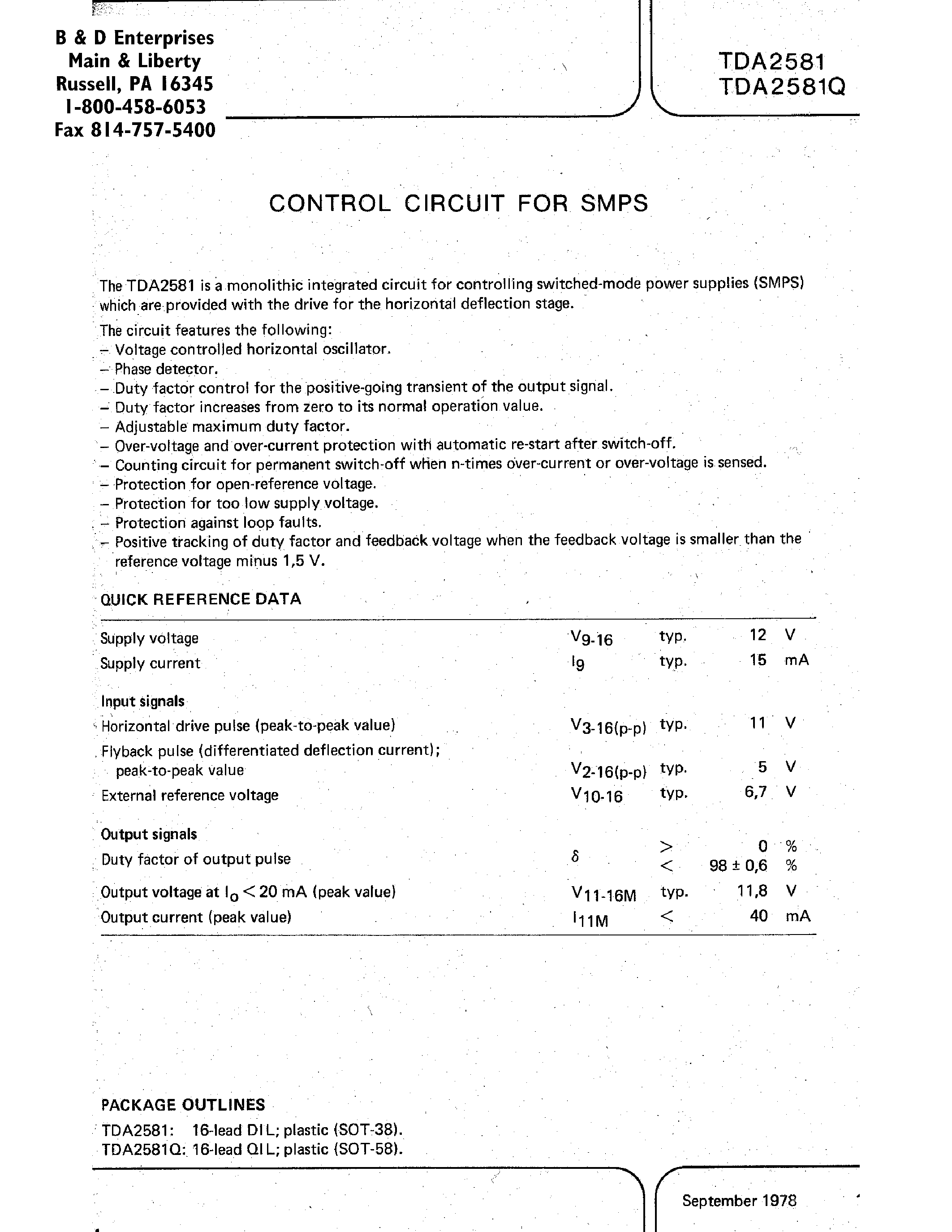 Datasheet TDA2581 - Control circuit for SMPS page 1