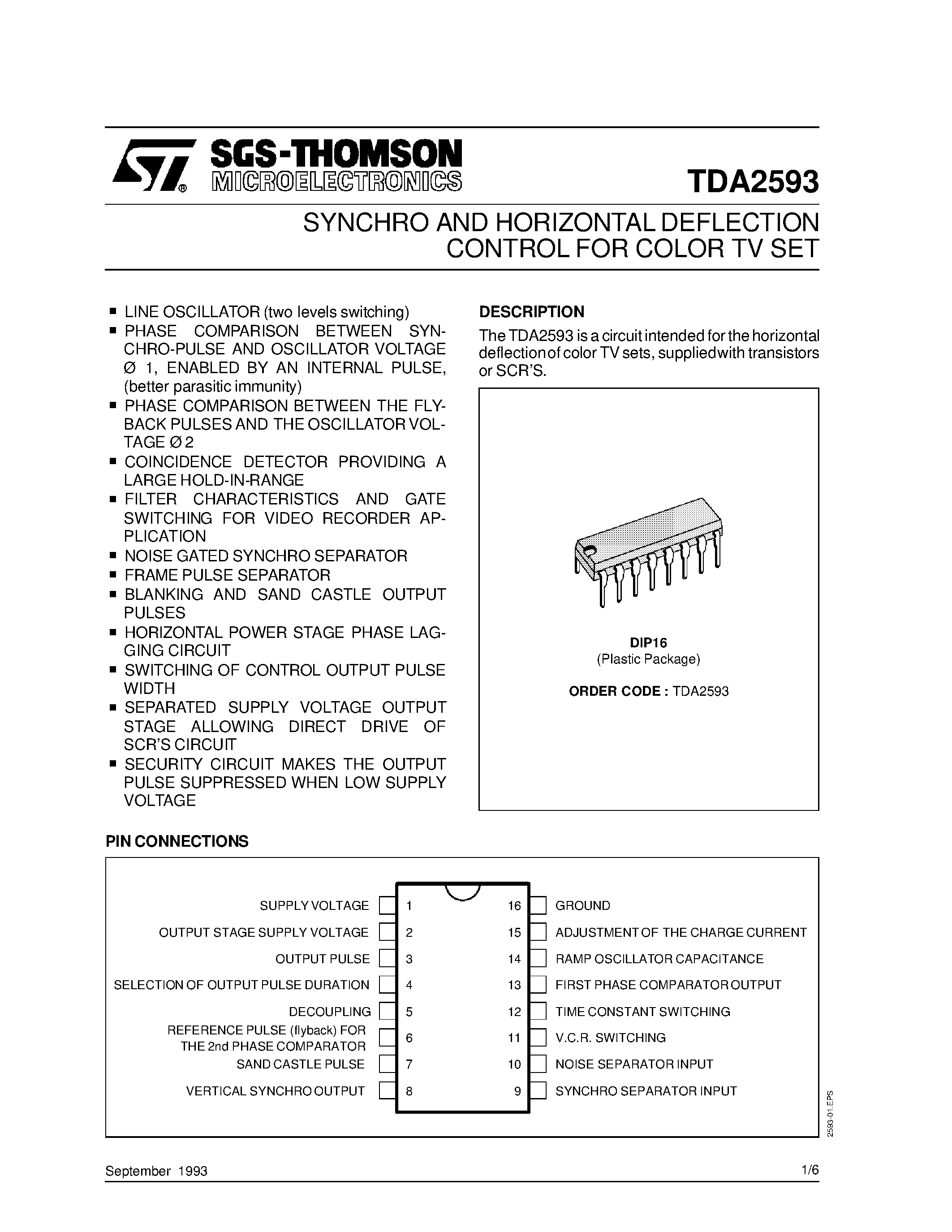 Даташит TDA2593 - SYNCHRO AND HORIZONTAL DEFLECTION CONTROL FOR COLOR TV SET страница 1