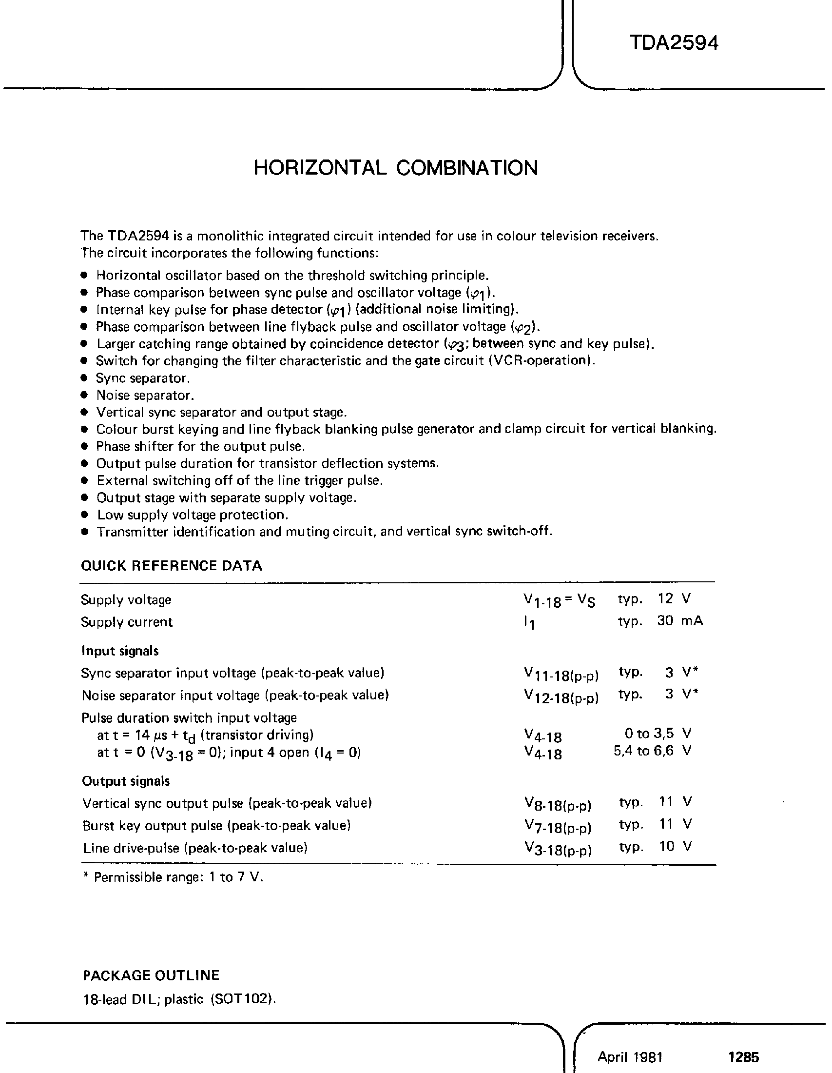 Datasheet TDA2594 - HORIZONTAL COMBINATION page 1
