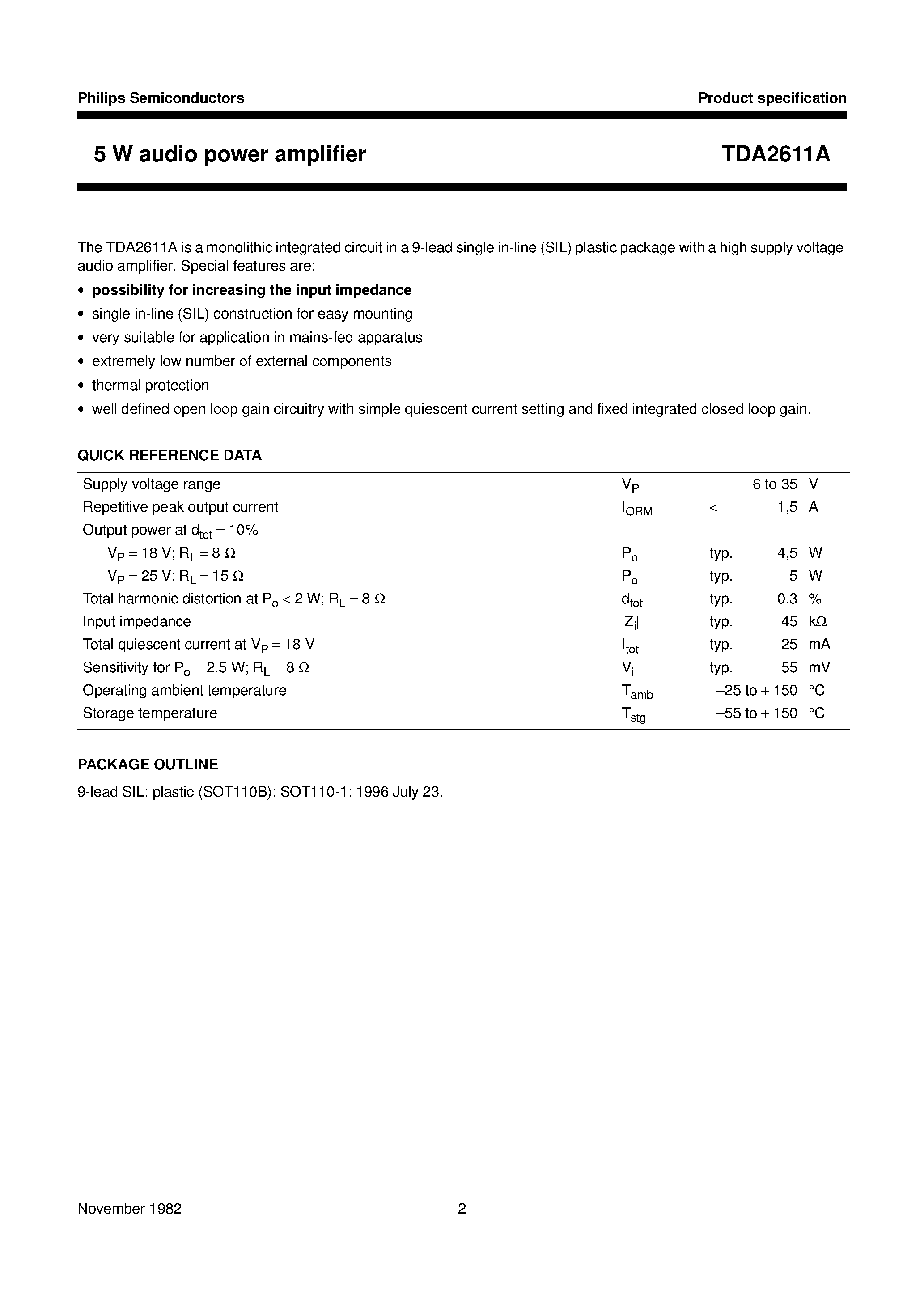 Datasheet TDA2611 - 5 W audio power amplifier page 2