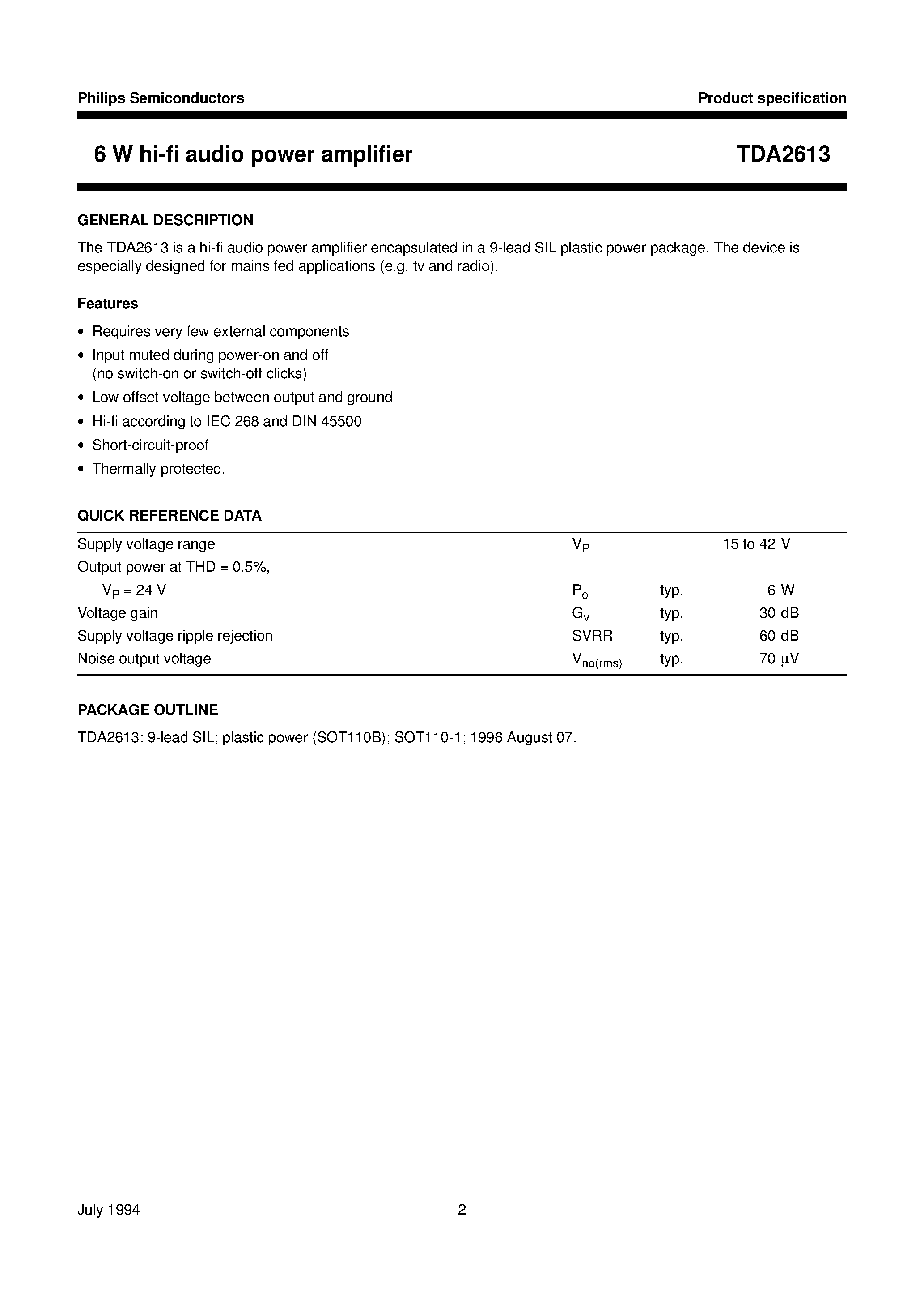 Datasheet TDA2613 - 6 W hi-fi audio power amplifier page 2