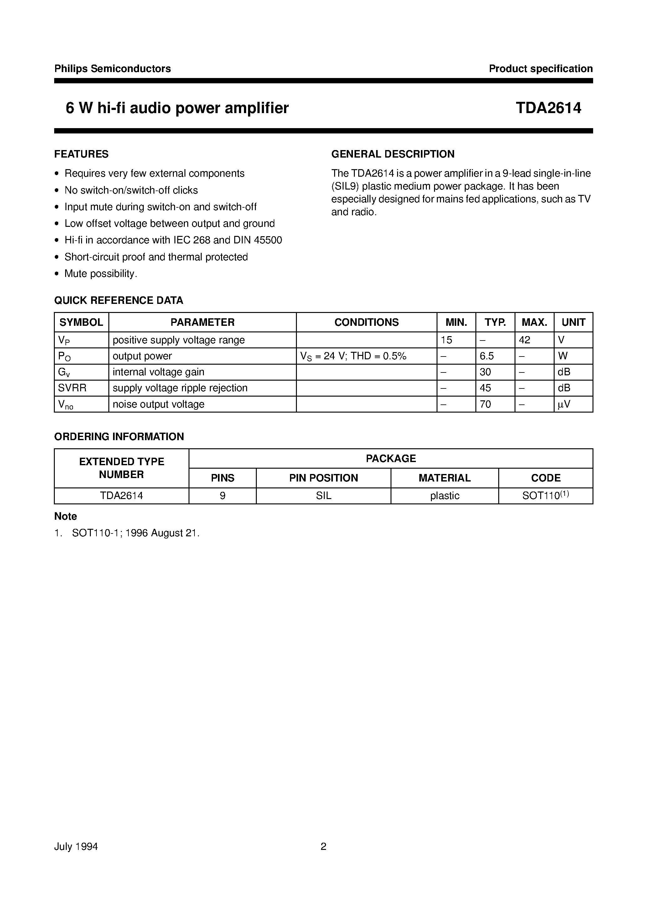 Datasheet TDA2614 - 6 W hi-fi audio power amplifier page 2