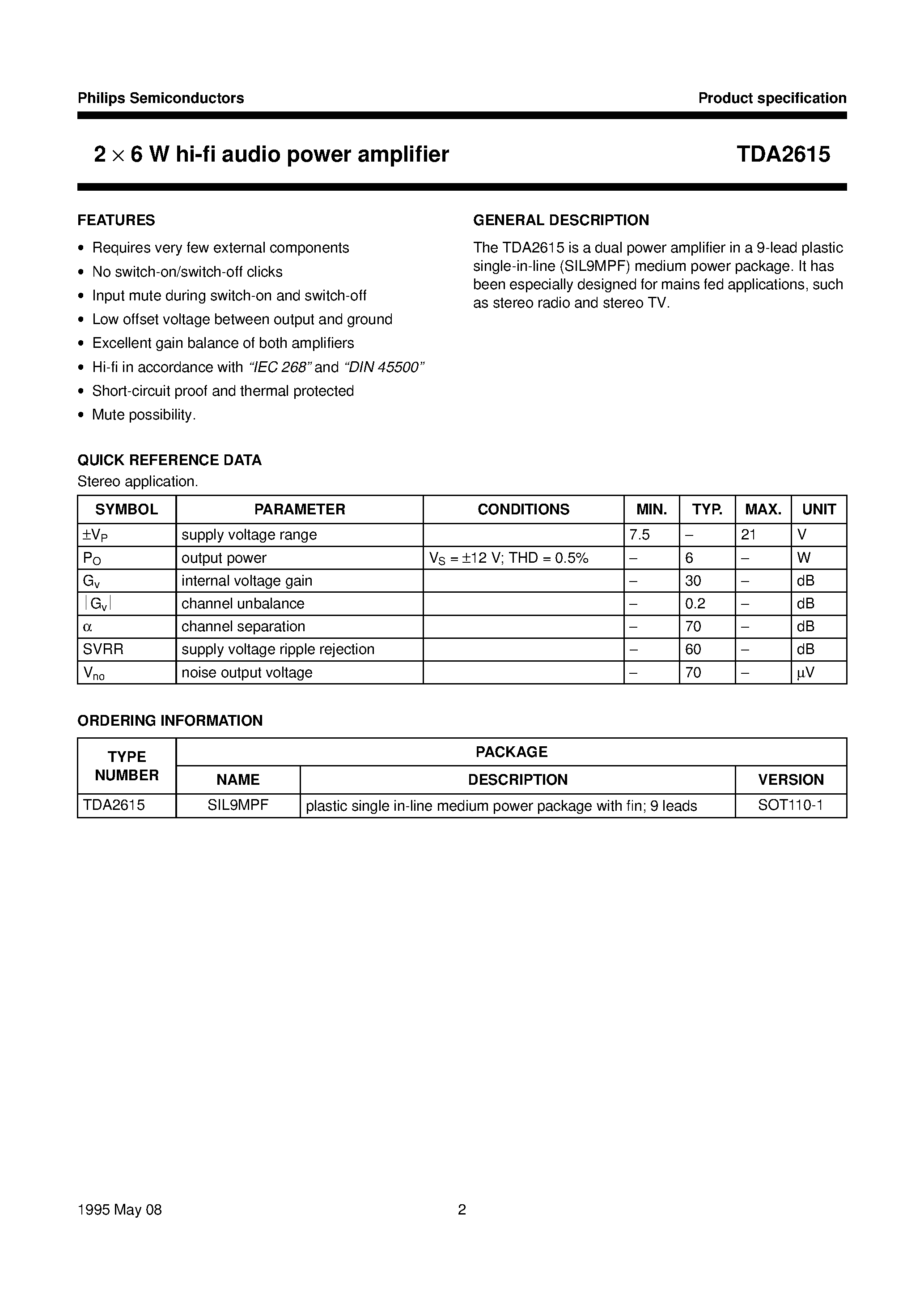 Datasheet TDA2615 page 2 Datasheet TDA2615 - 2 x 6 W hi-fi audio power amplifier page 2