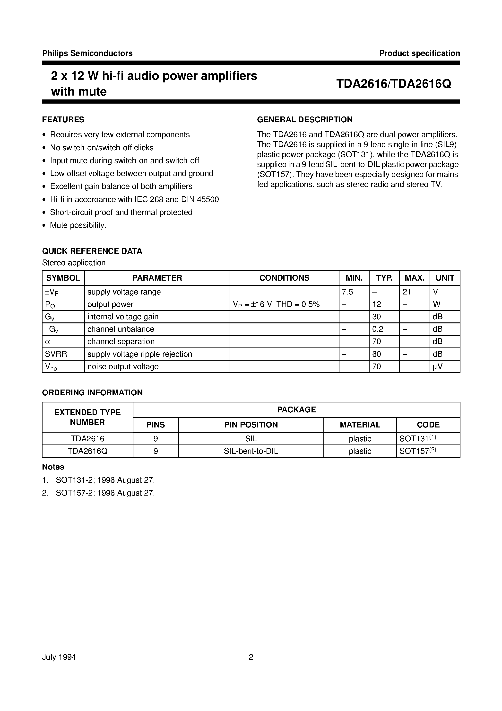 Даташит на микросхему TDA2616 страница 2 Даташит TDA2616 - 2 x 12 W hi-fi audio power amplifiers with mute страница 2