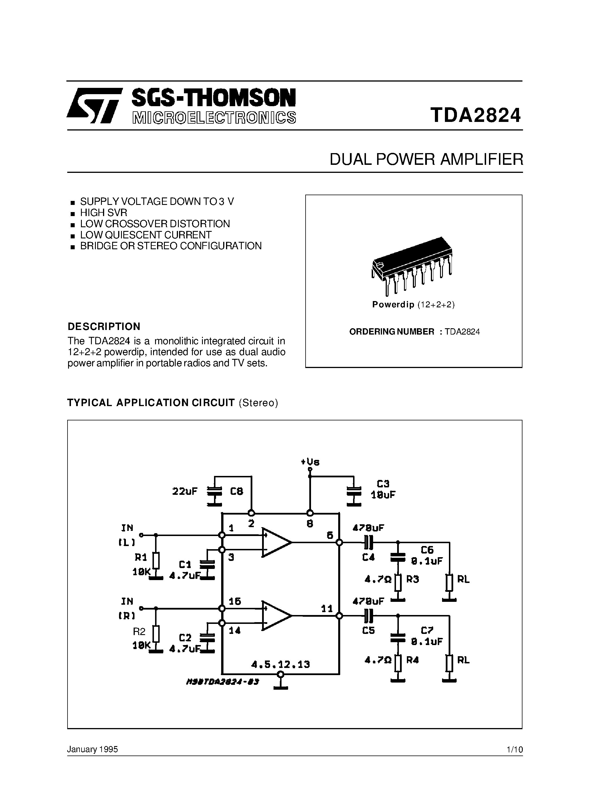 Datasheet TDA2824 - DUAL POWER AMPLIFIER page 1