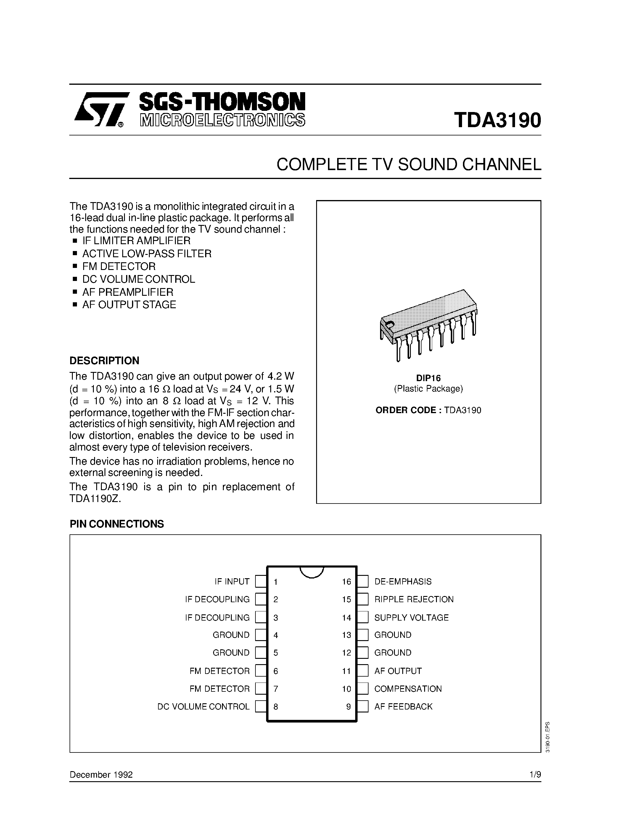 Datasheet TDA3190 - COMPLETE TV SOUND CHANNEL page 1