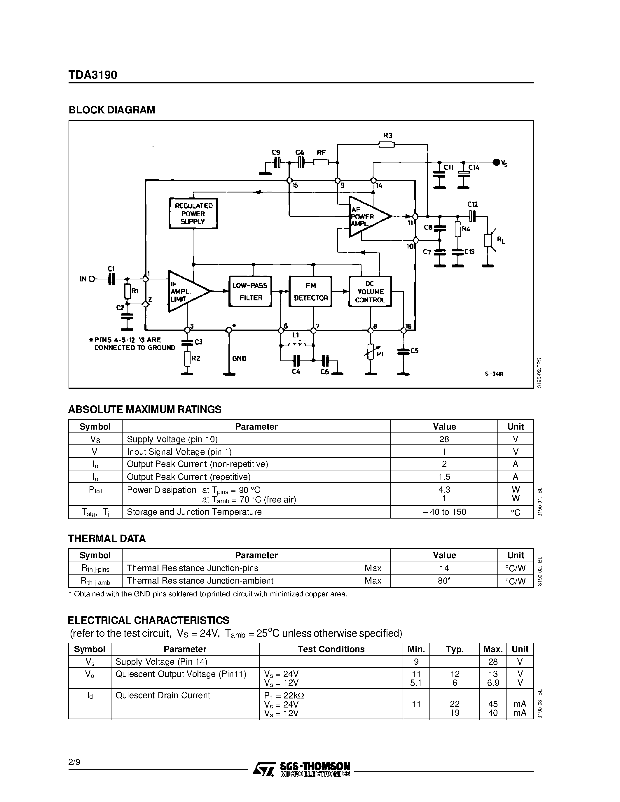 Datasheet TDA3190 - COMPLETE TV SOUND CHANNEL page 2