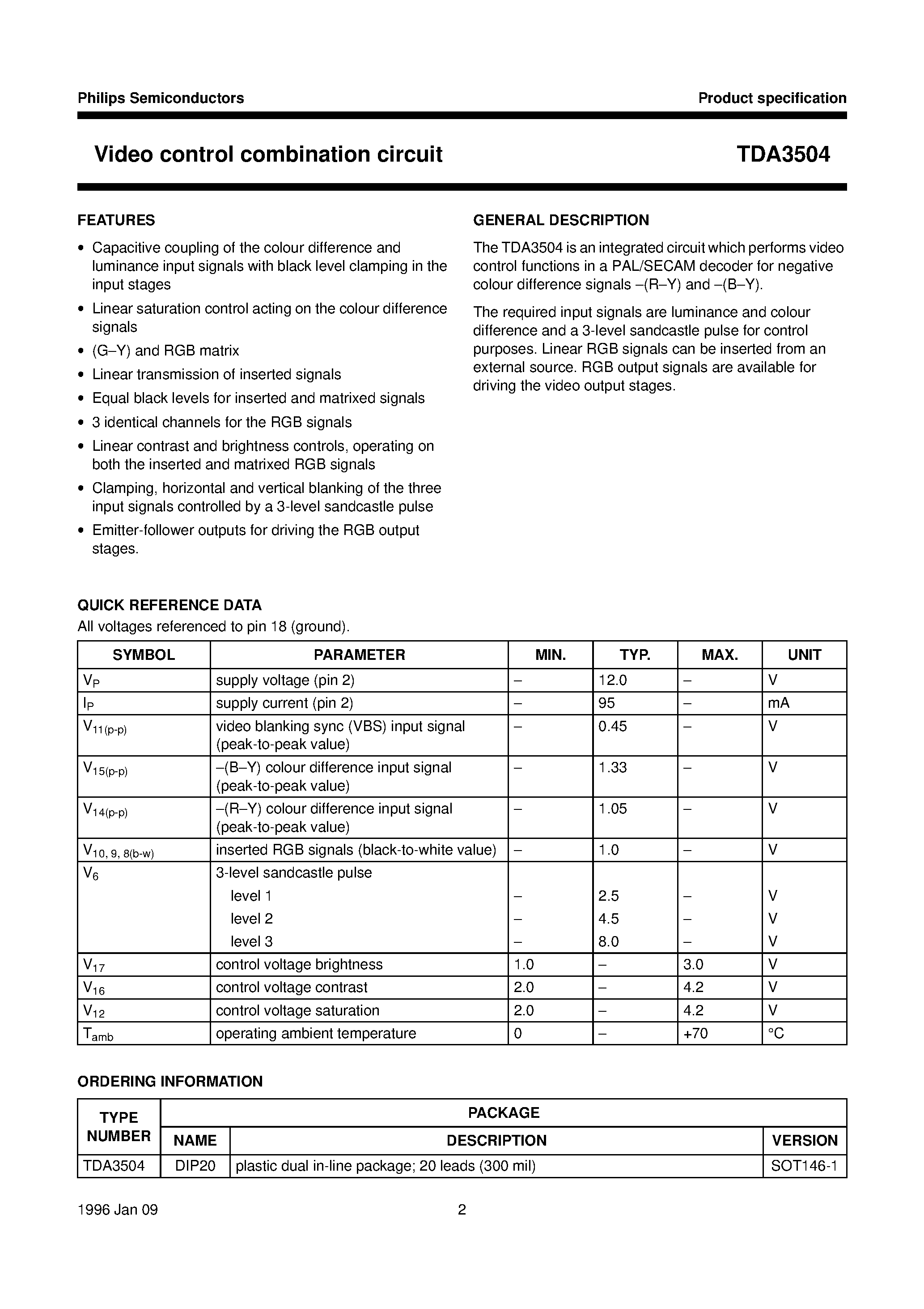 Datasheet TDA3504 - Video control combination circuit page 2
