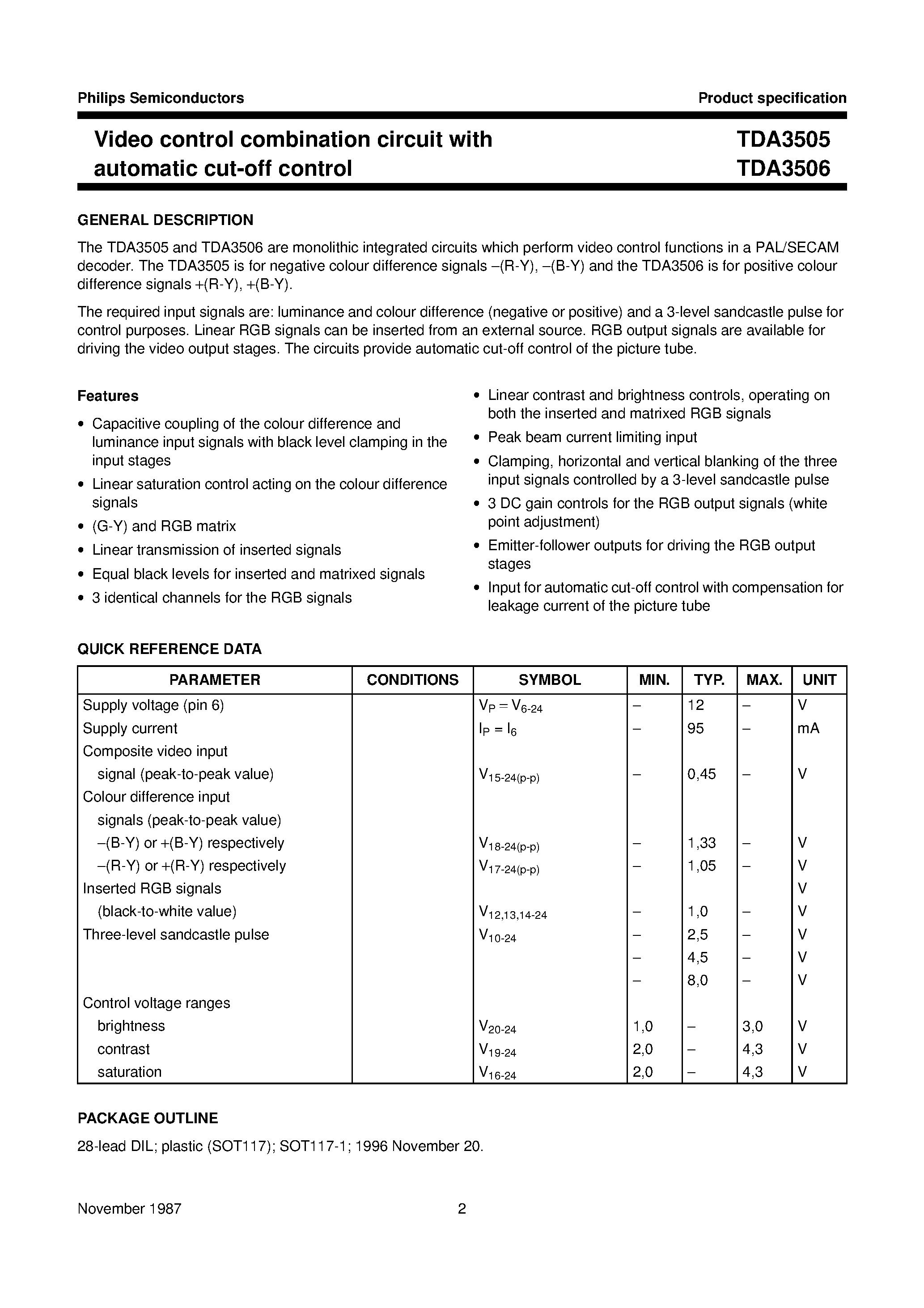Даташит на микросхему TDA3506 страница 2 Даташит TDA3506 - Video control combination circuit with automatic cut-off control страница 2