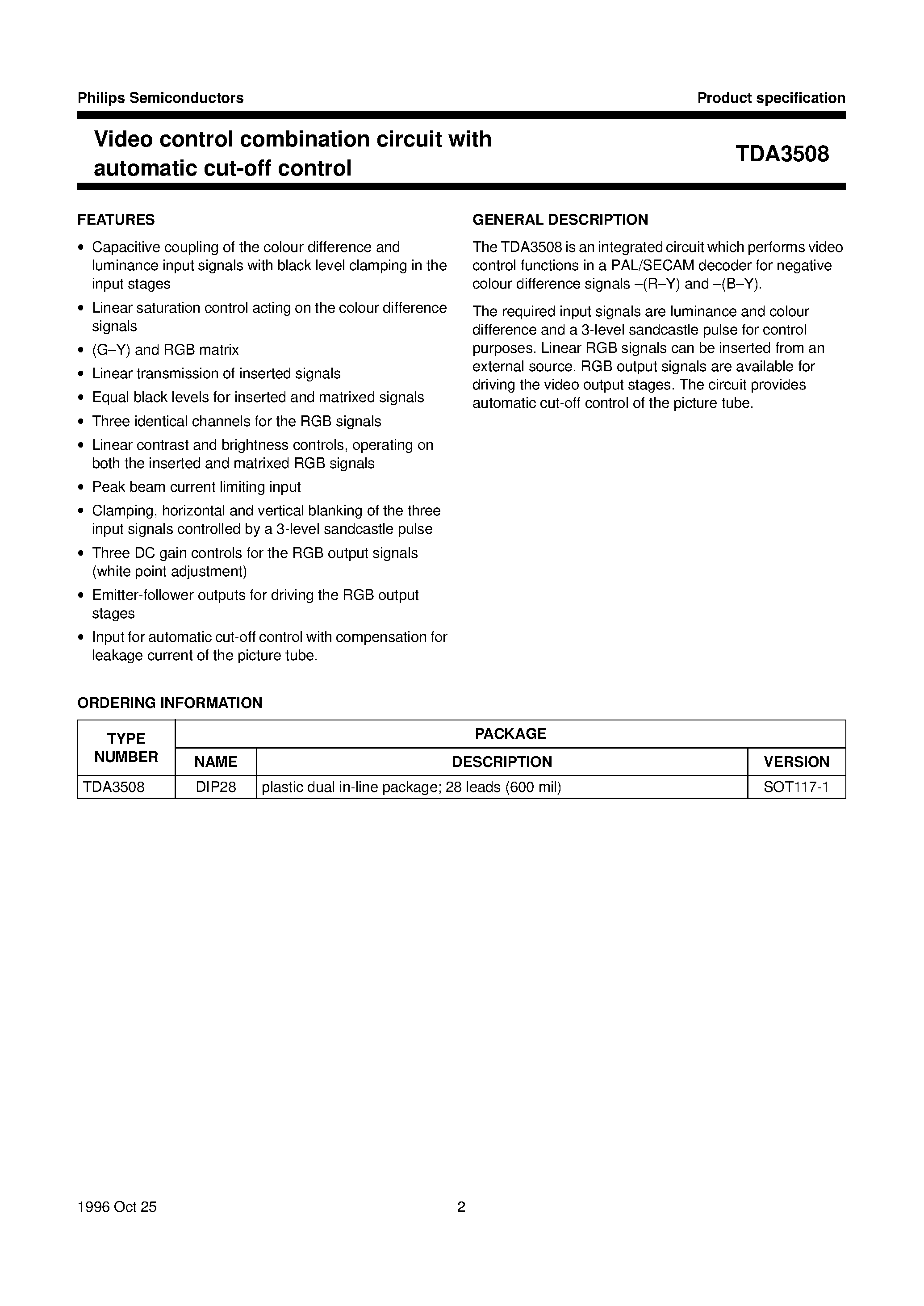 Datasheet TDA3508 - Video control combination circuit with automatic cut-off control page 2
