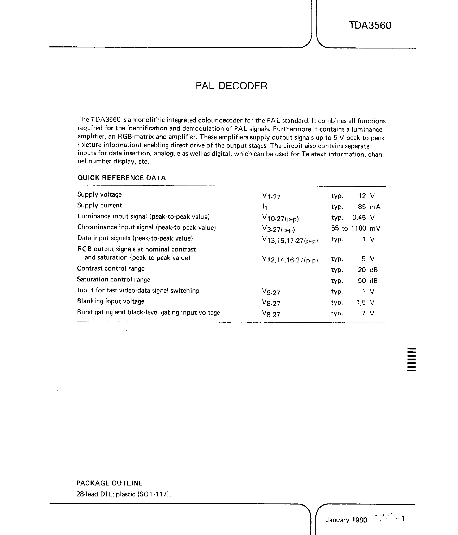 Datasheet TDA3560 - PAL DECODER page 1