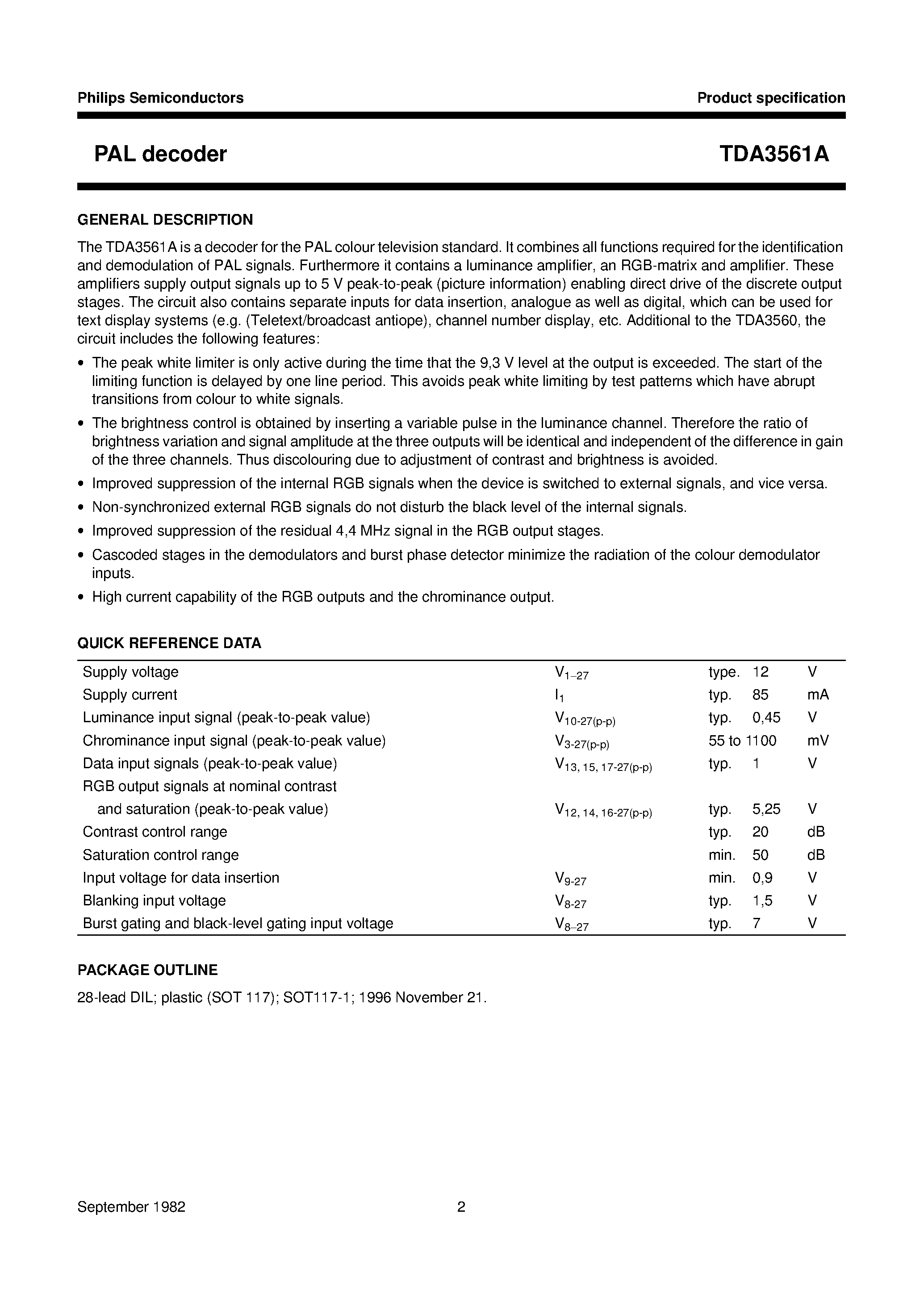 Datasheet TDA3561A - PAL decoder page 2