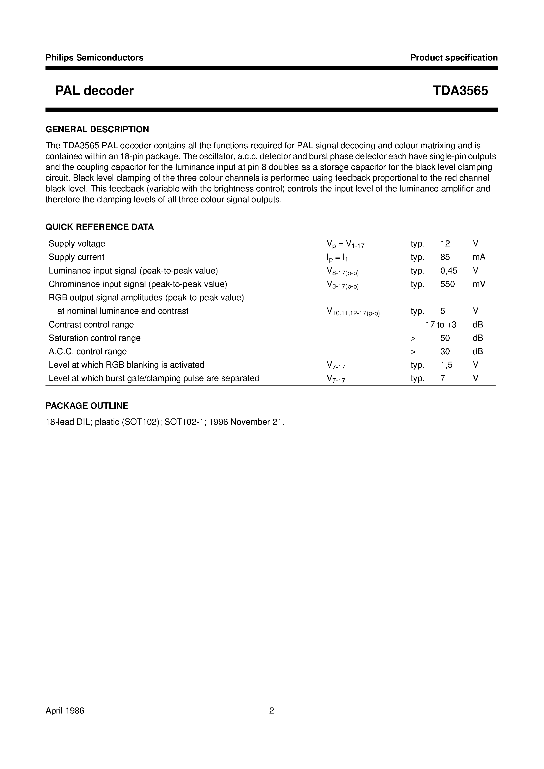 Datasheet TDA3565 - PAL decoder page 2
