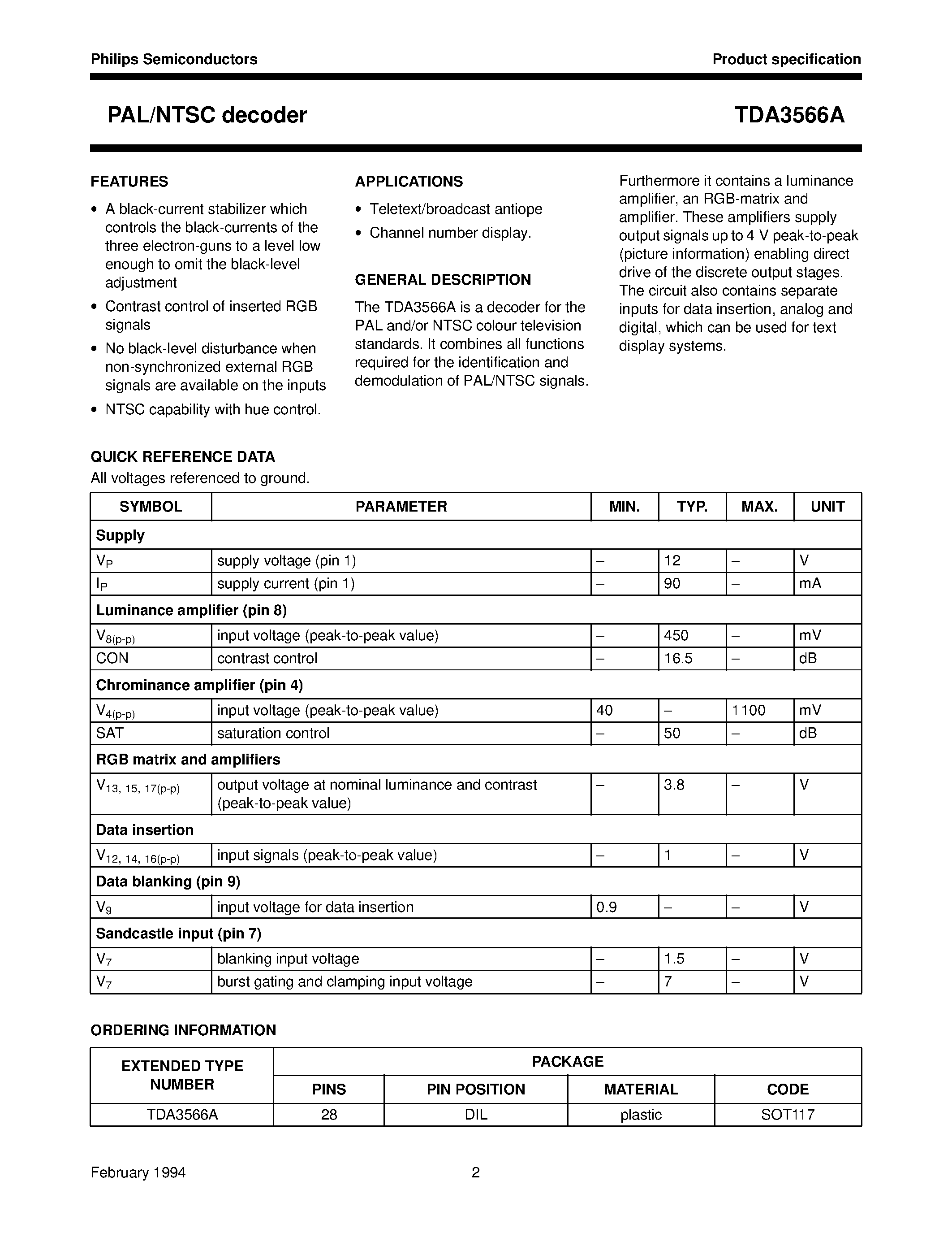 Datasheet TDA3566 page 2 Datasheet TDA3566 - PAL/NTSC decoder page 2