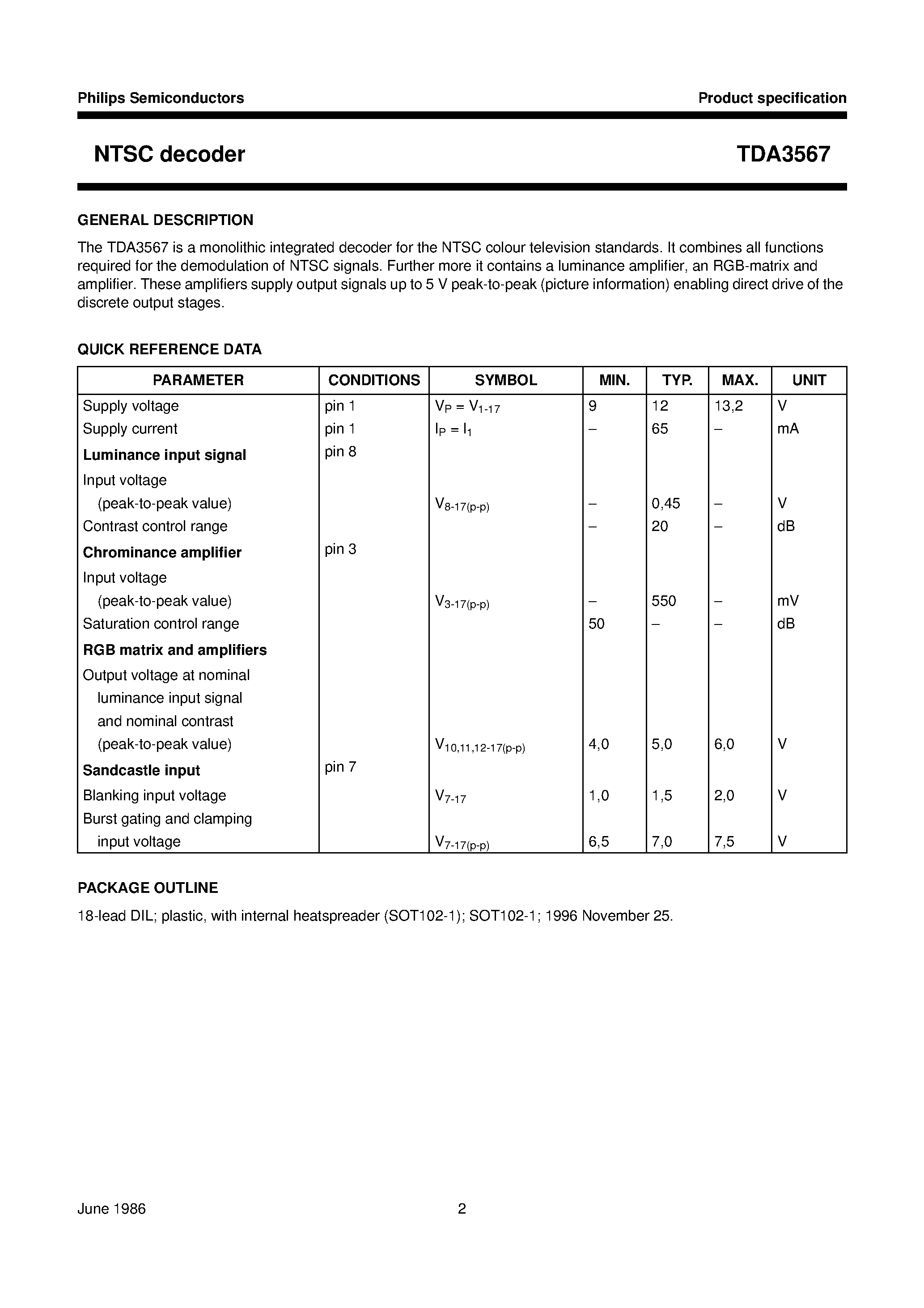 Datasheet TDA3567 - NTSC decoder page 2