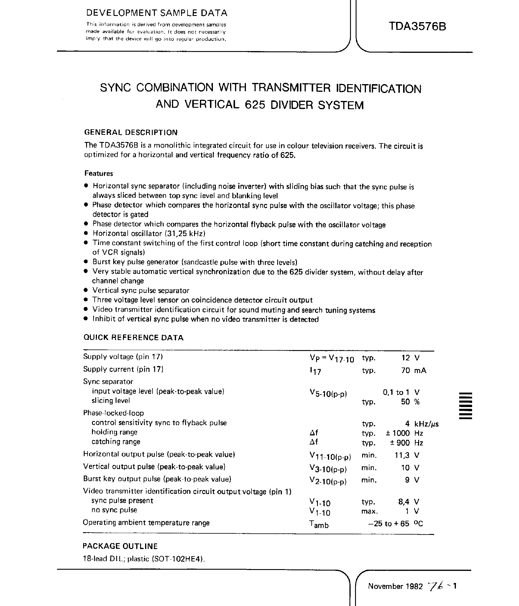 Datasheet TDA3576B - SYNC COMBINATION WITH TRANMITTER IDENTIFICATION AND VERTICAL 624 DIVIDER SYSTEM page 1