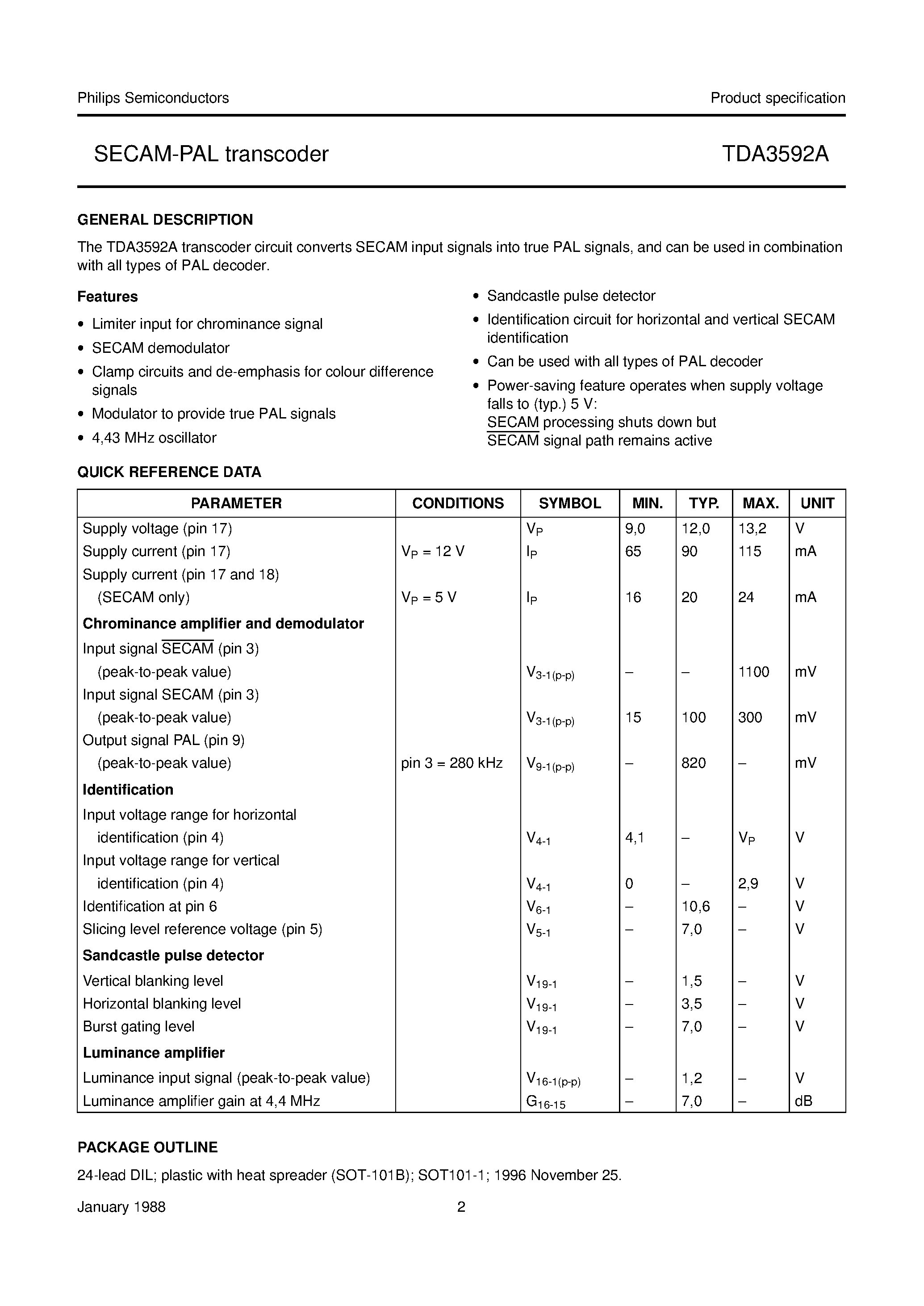 Datasheet TDA3592A - SECAM-PAL transcoder page 2