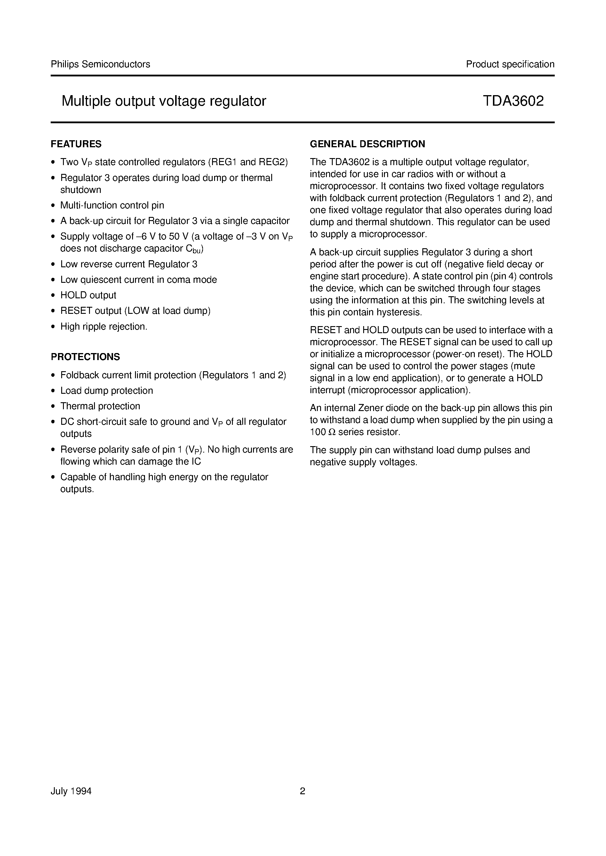 Datasheet TDA3602 page 2 Datasheet TDA3602 - Multiple output voltage regulator page 2