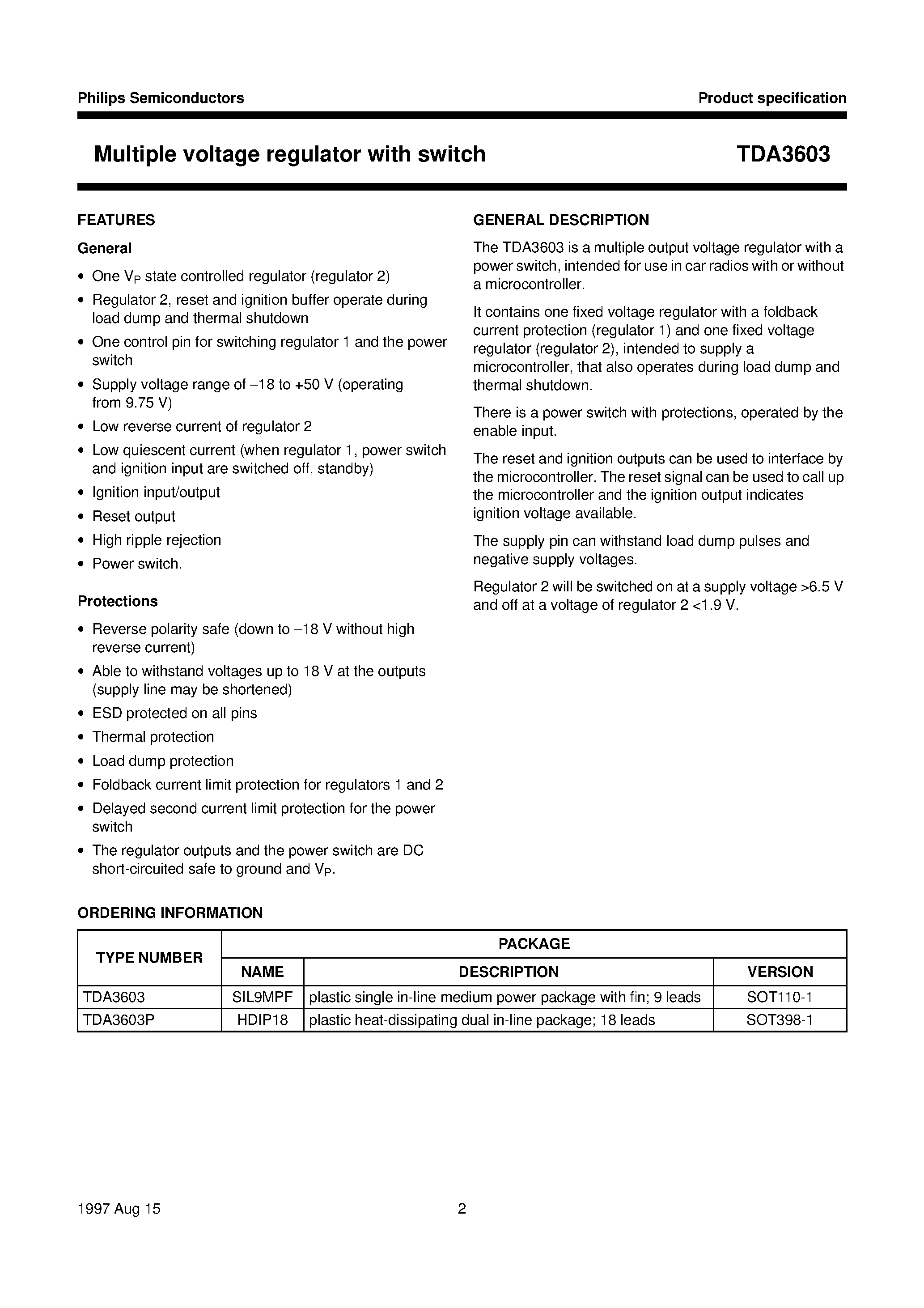 Datasheet TDA3603 - Multiple voltage regulator with switch page 2