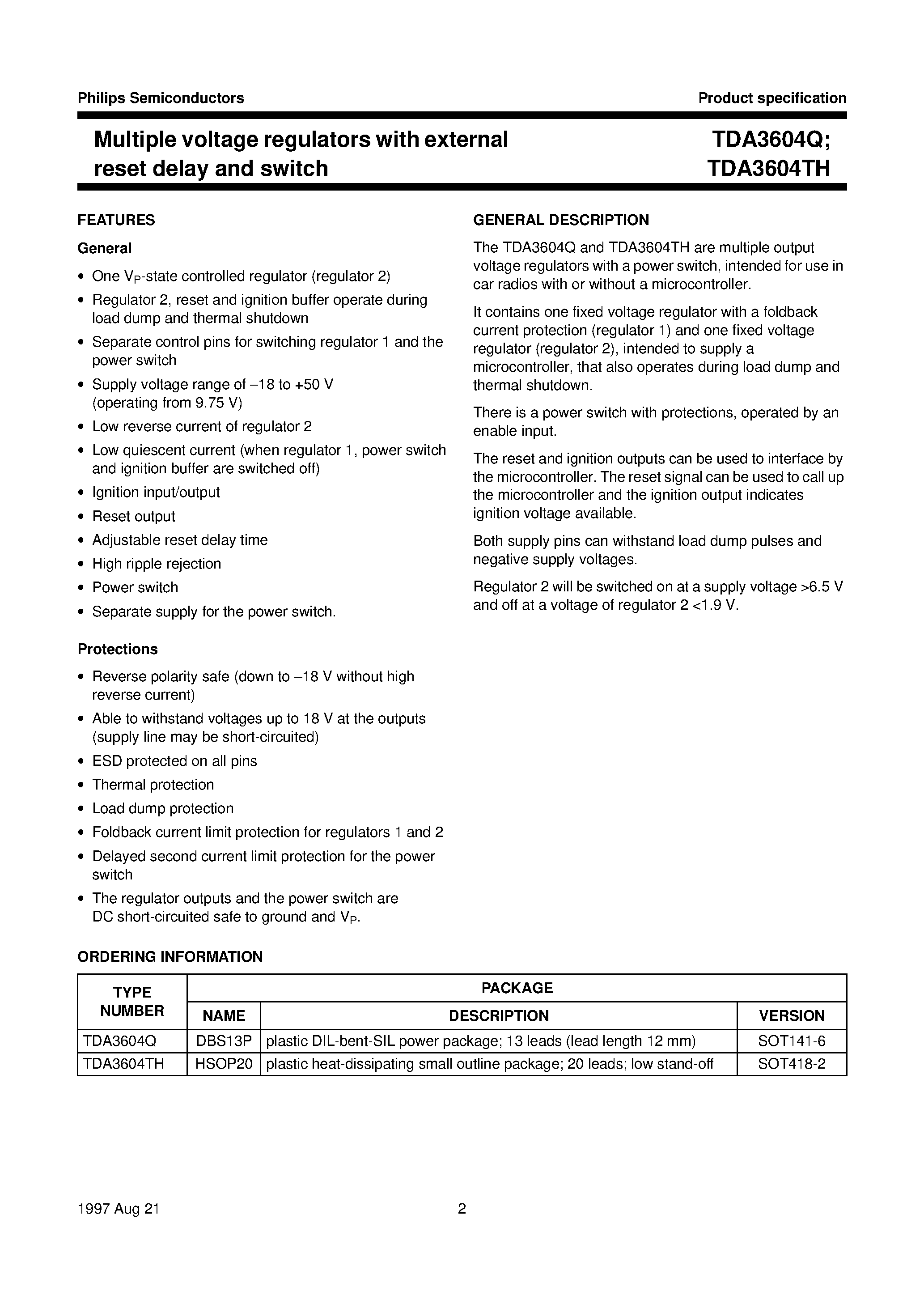 Datasheet TDA3604TH page 2 Datasheet TDA3604TH - Multiple voltage regulators with external reset delay and switch page 2