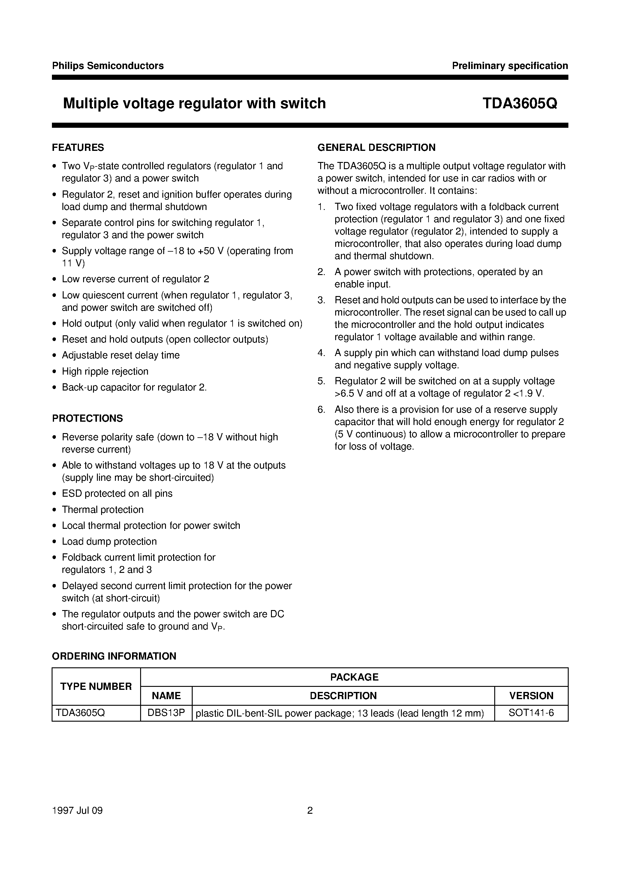 Datasheet TDA3605Q - Multiple voltage regulator with switch page 2