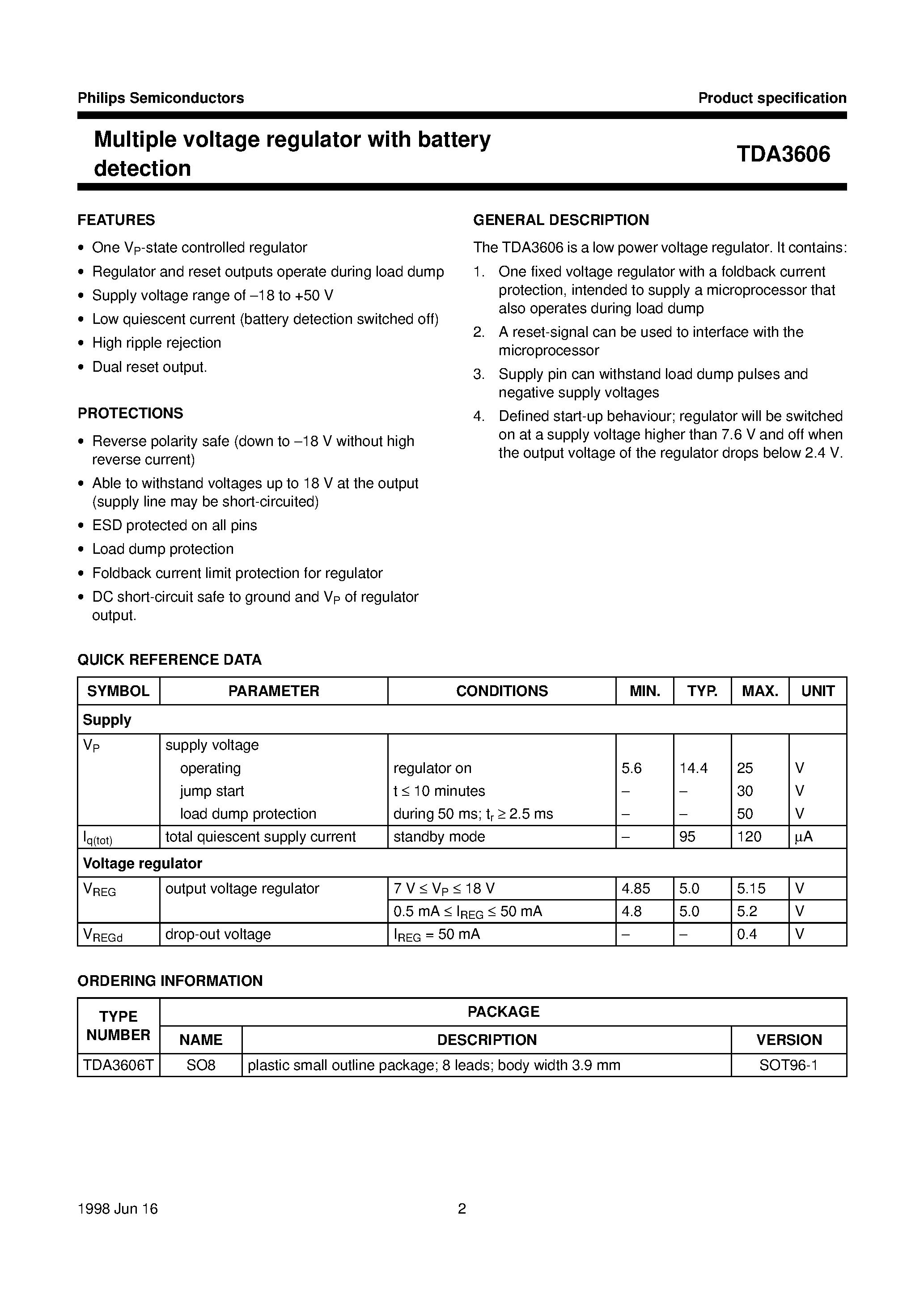 Datasheet TDA3606 page 2 Datasheet TDA3606 - Multiple voltage regulator with battery detection page 2
