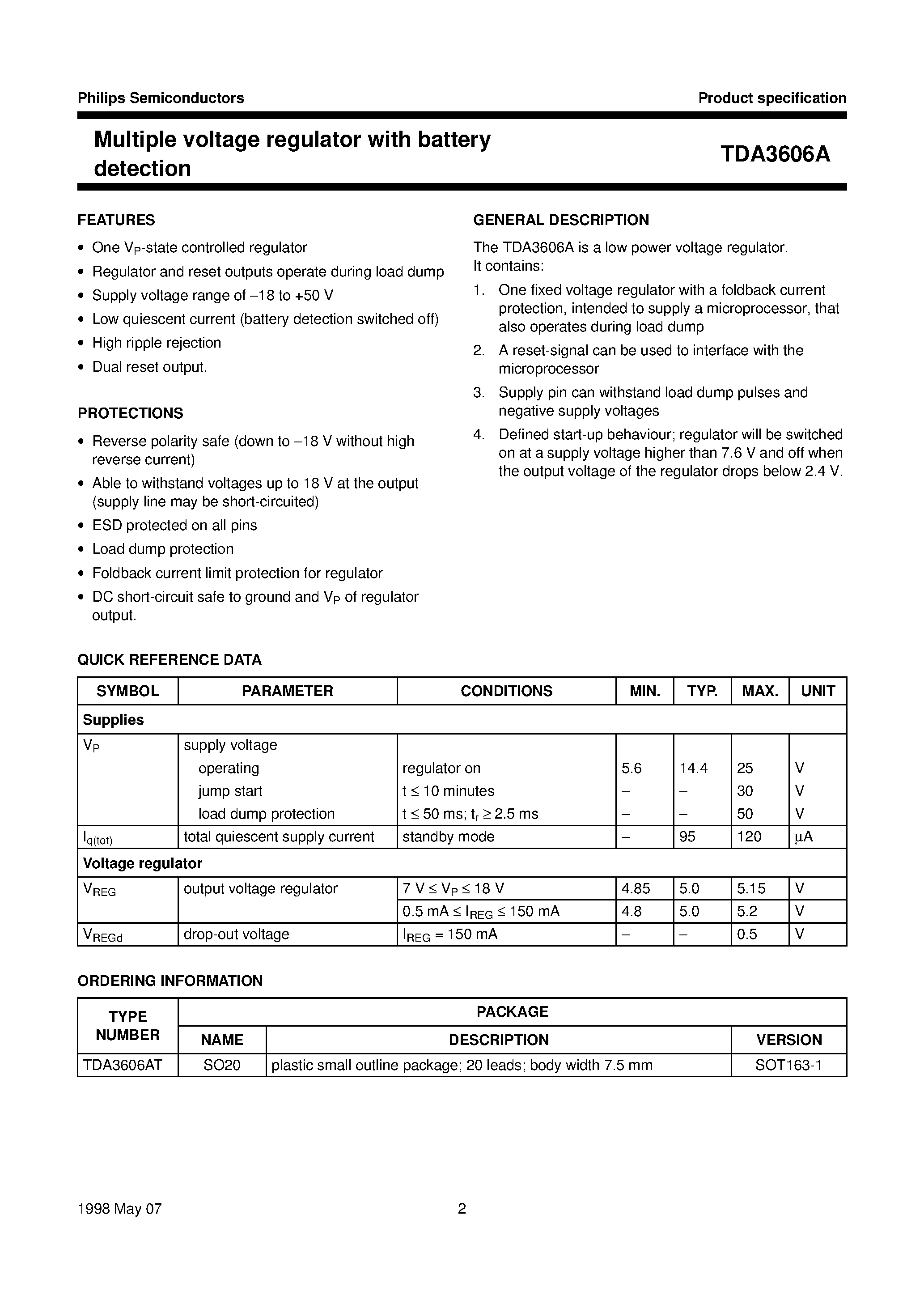 Datasheet TDA3606A - Multiple voltage regulator with battery detection page 2