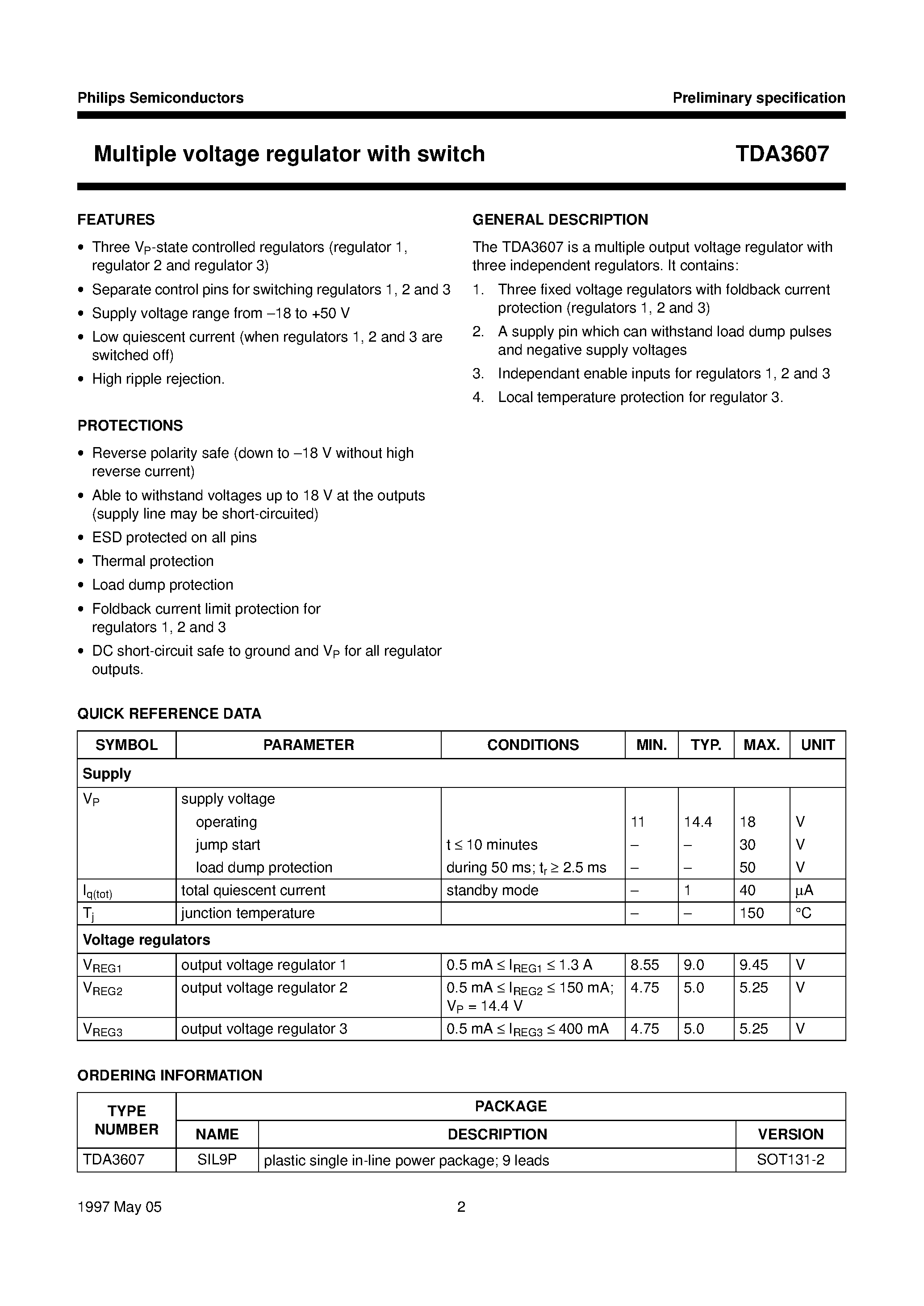 Datasheet TDA3607 - Multiple voltage regulator with switch page 2