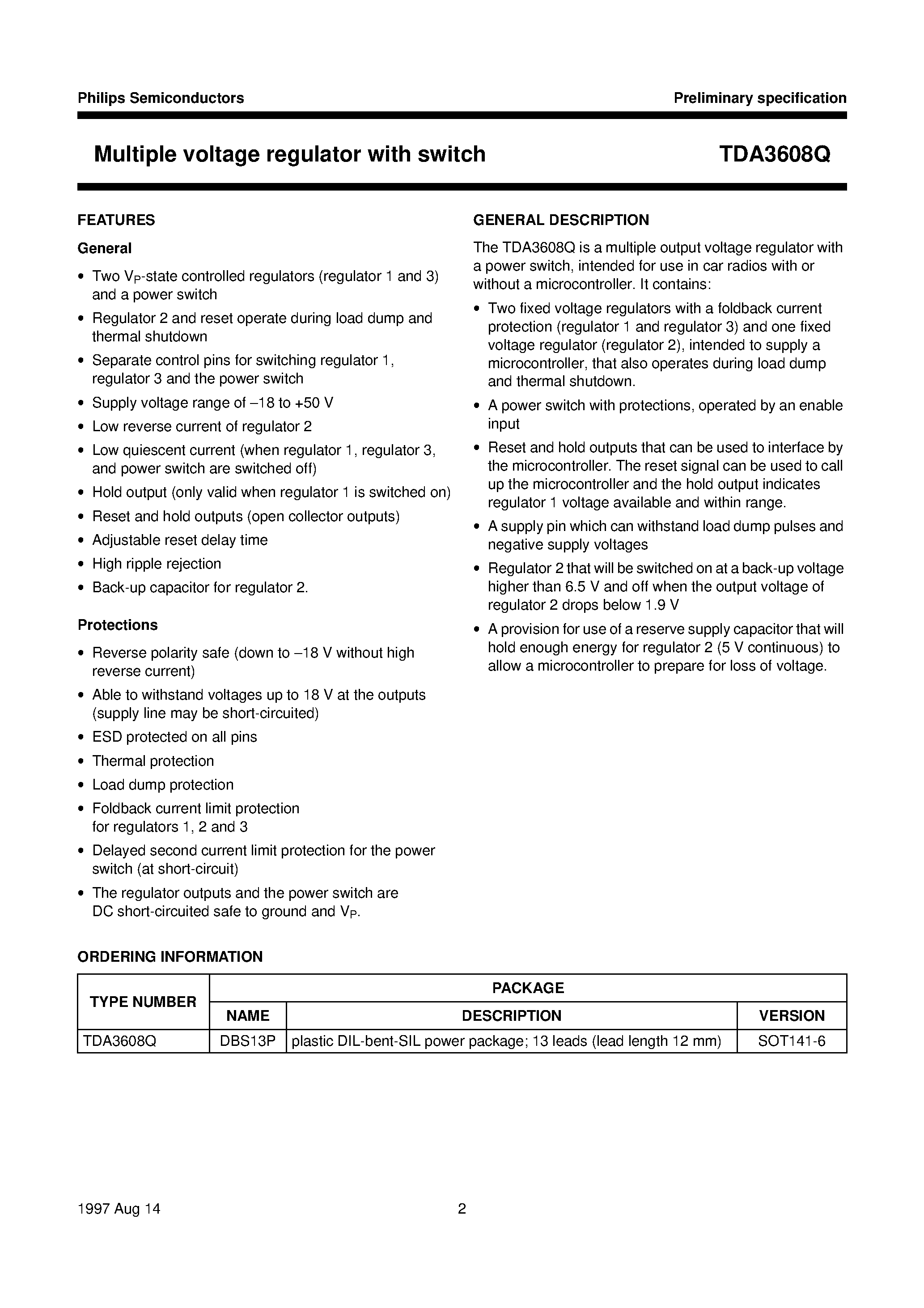 Datasheet TDA3608 - Multiple voltage regulator with switch page 2