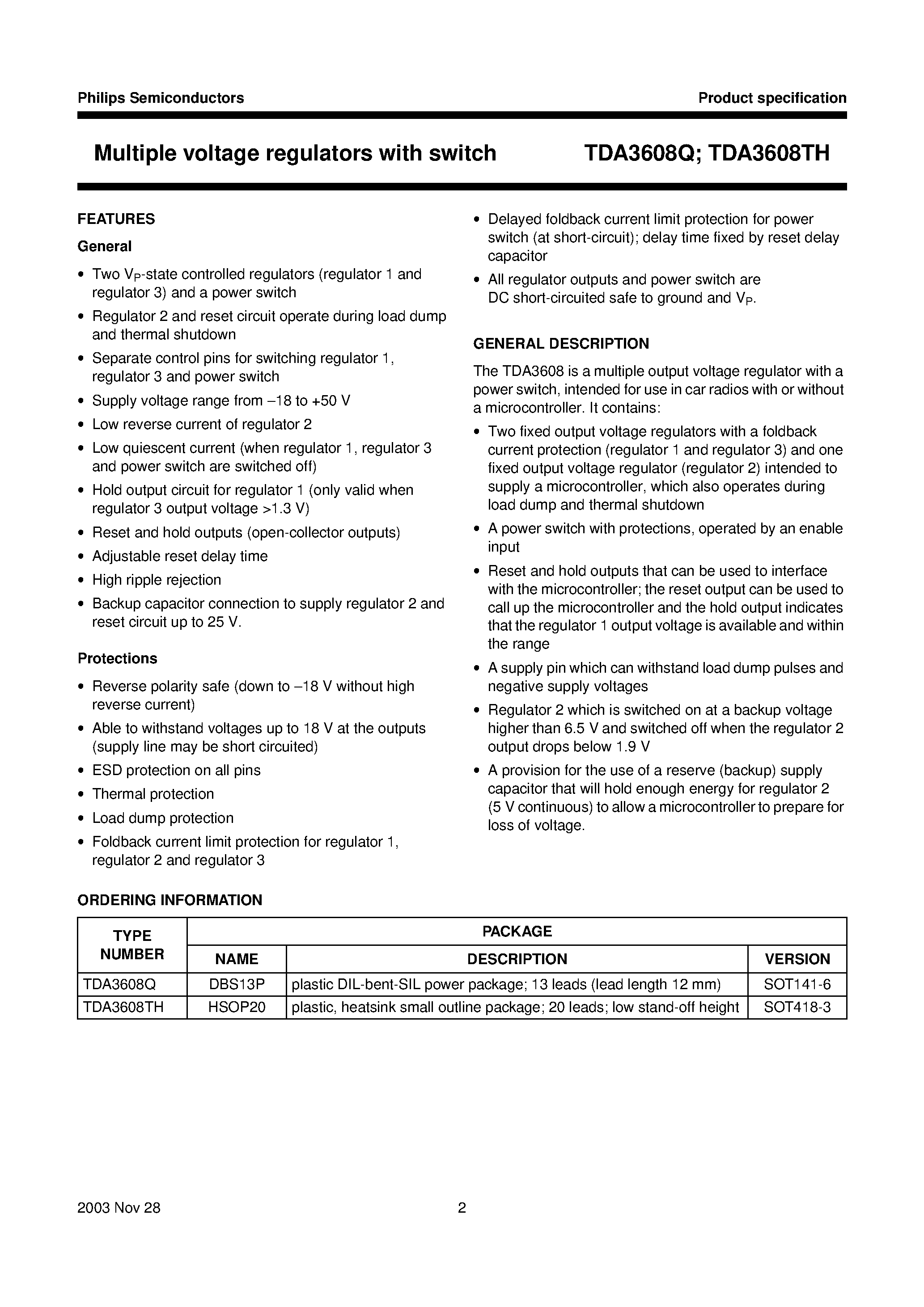 Datasheet TDA3608TH - Multiple voltage regulators with switch page 2