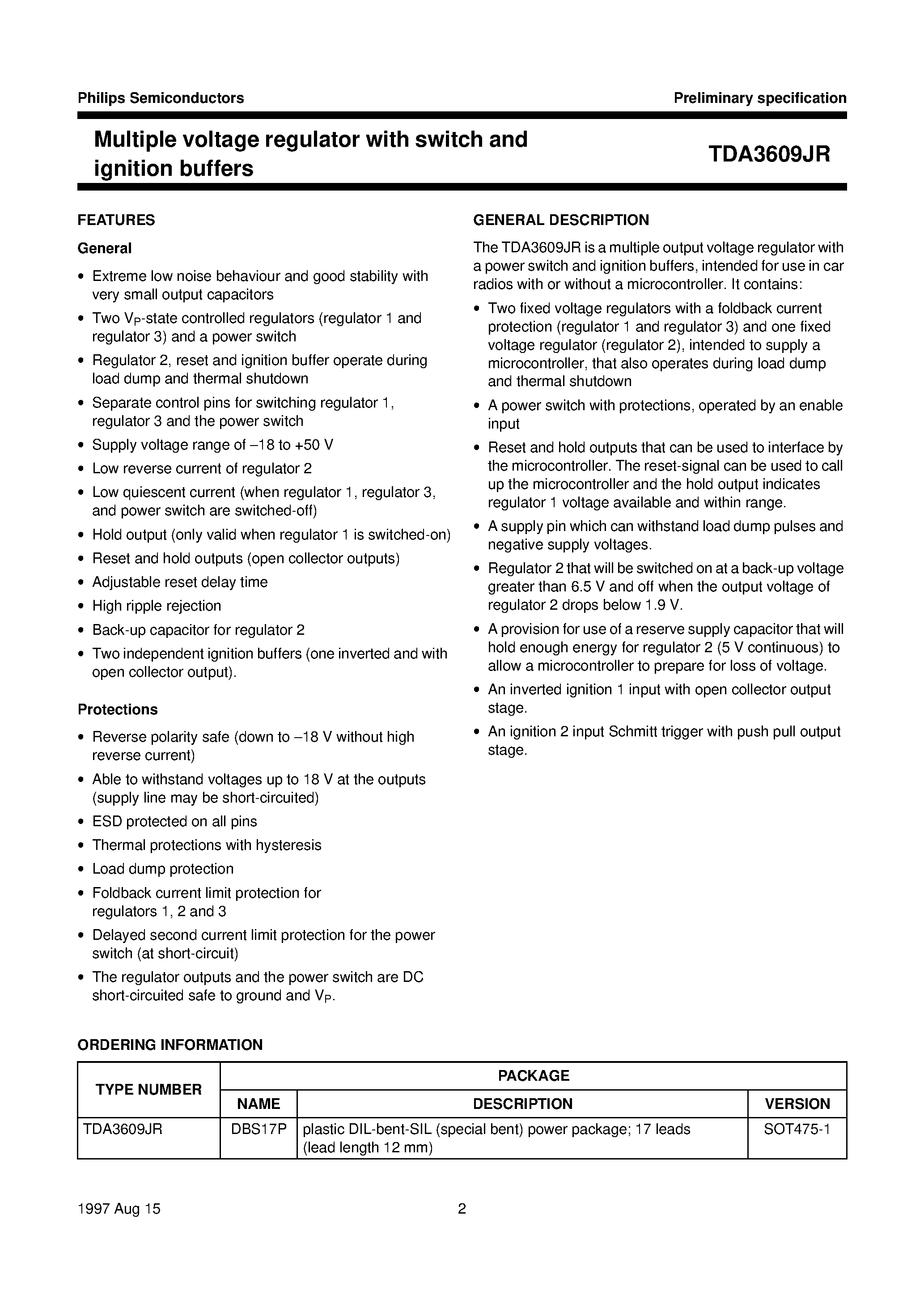 Datasheet TDA3609JR - Multiple voltage regulator with switch and ignition buffers page 2