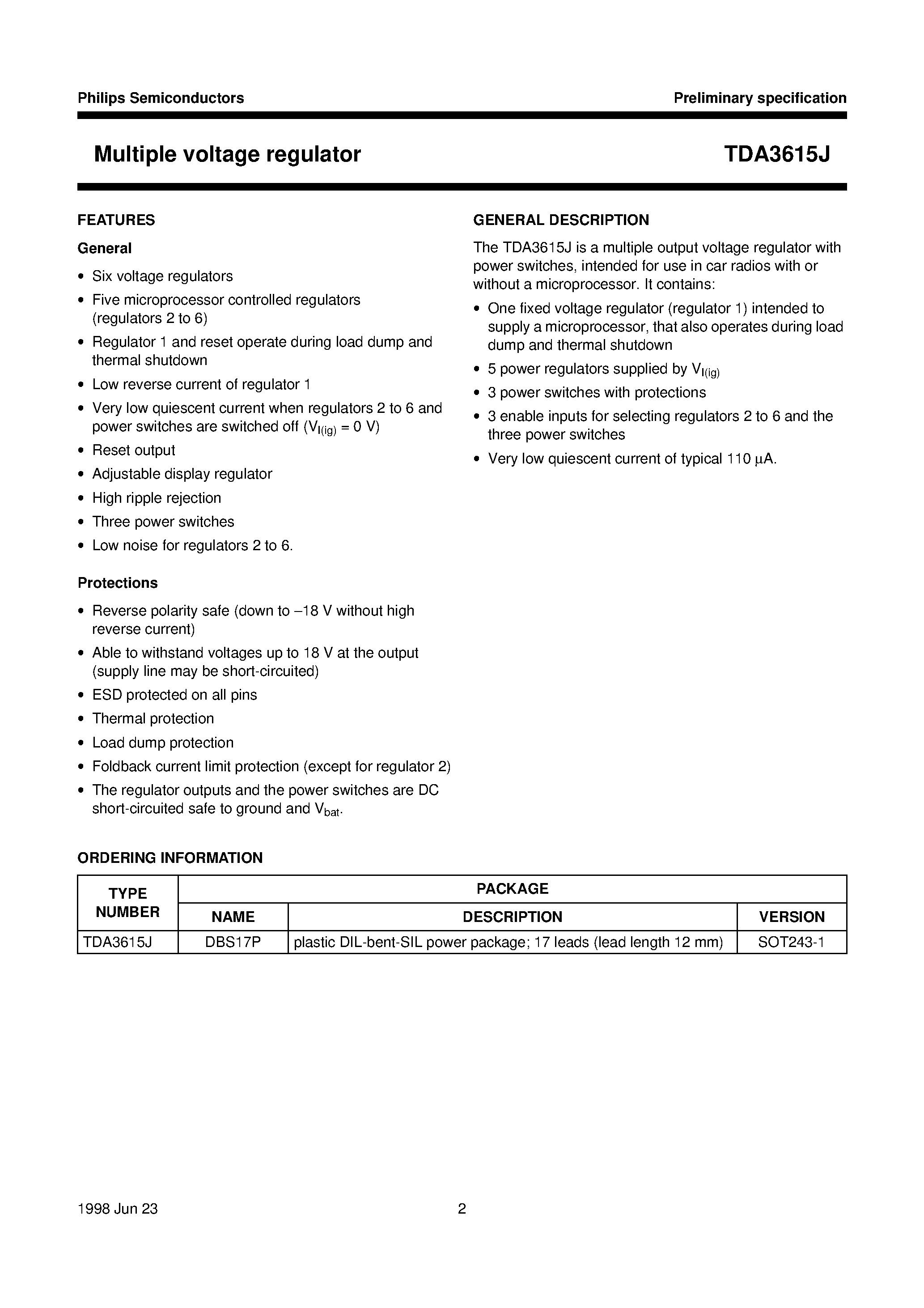 Datasheet TDA3615J - Multiple voltage regulator page 2