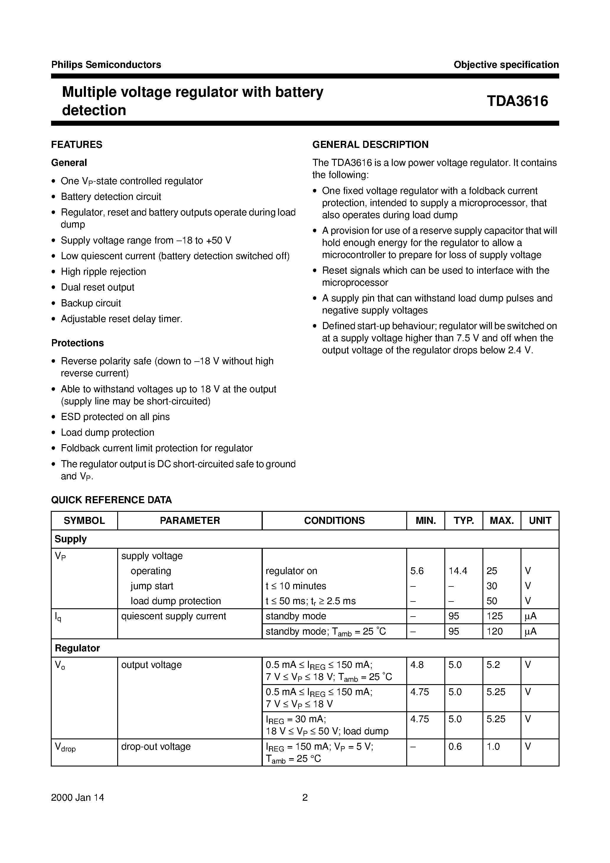 Datasheet TDA3616SF - Multiple voltage regulator with battery detection page 2