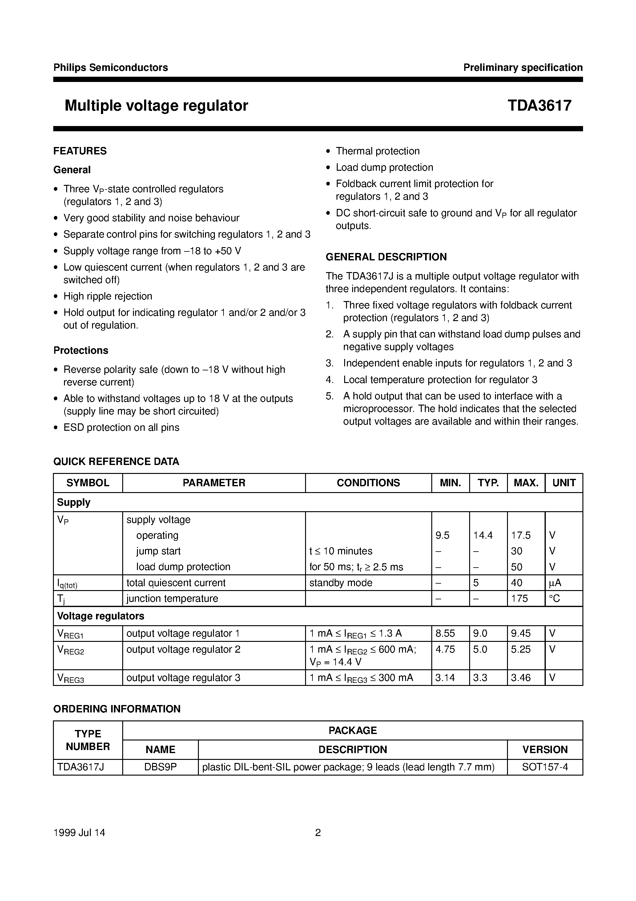 Datasheet TDA3617J - Multiple voltage regulator page 2