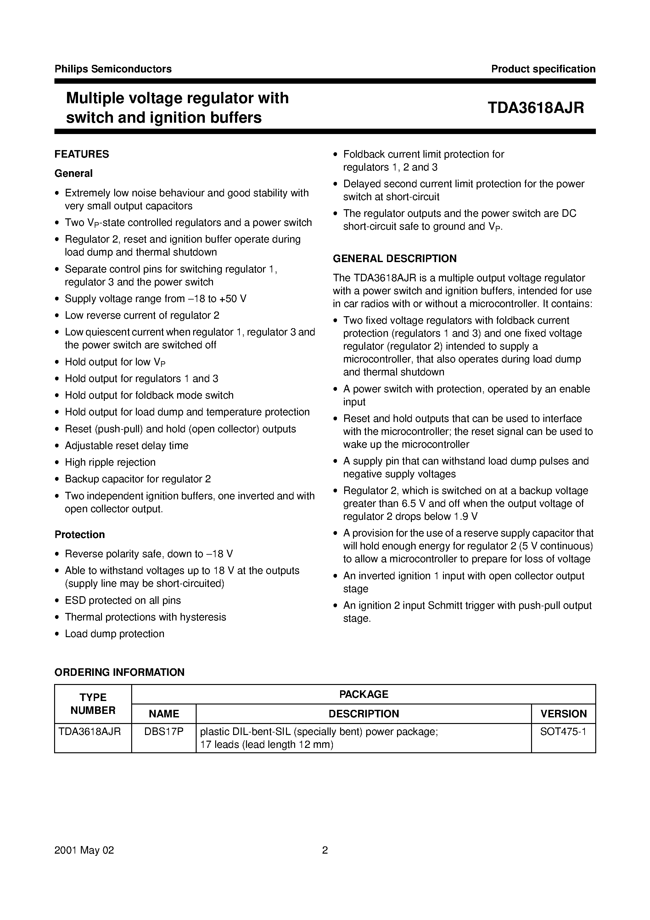 Datasheet TDA3618AJR - Multiple voltage regulator with switch and ignition buffers page 2