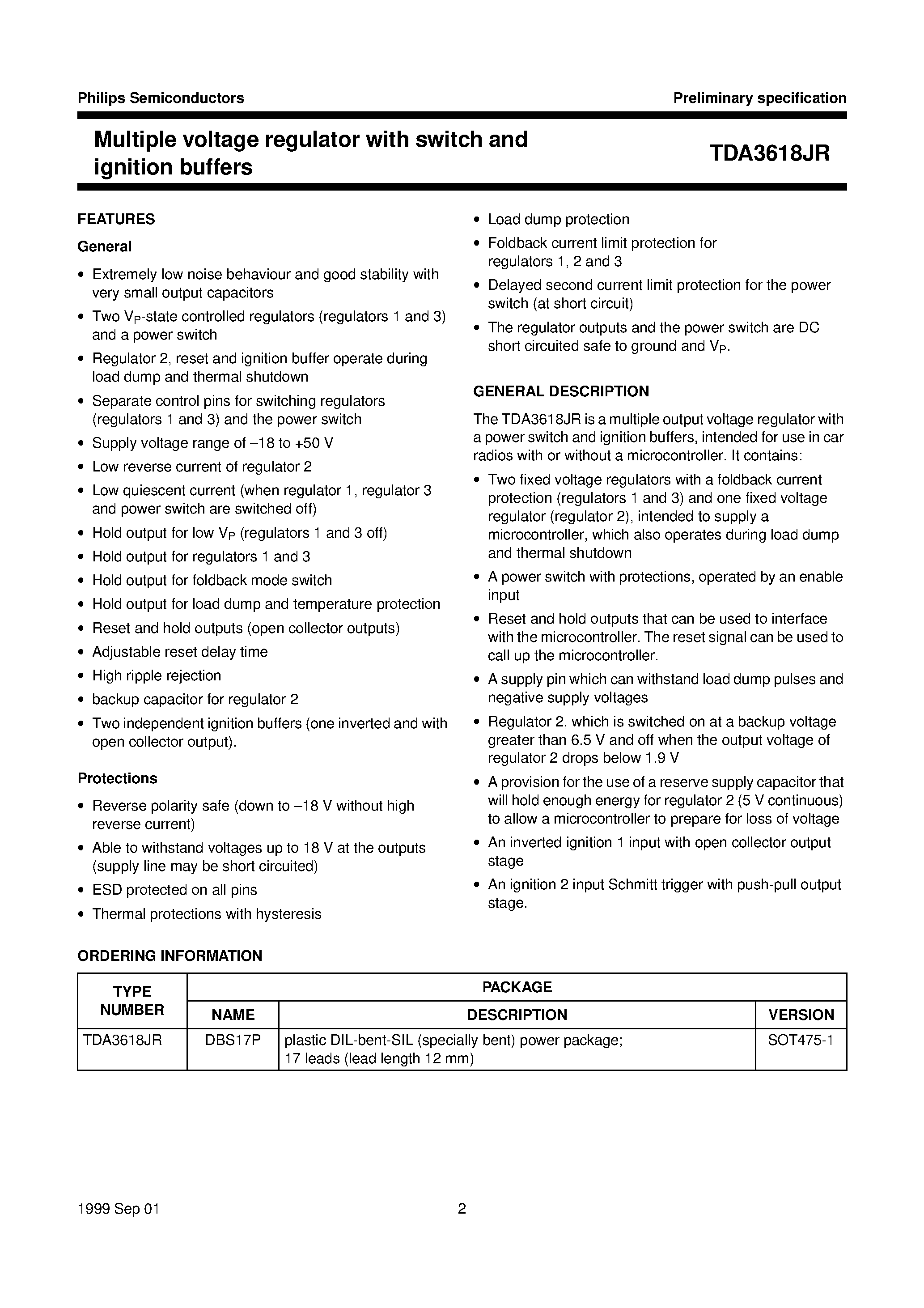 Datasheet TDA3618JR page 2 Datasheet TDA3618JR - Multiple voltage regulator with switch and ignition buffers page 2