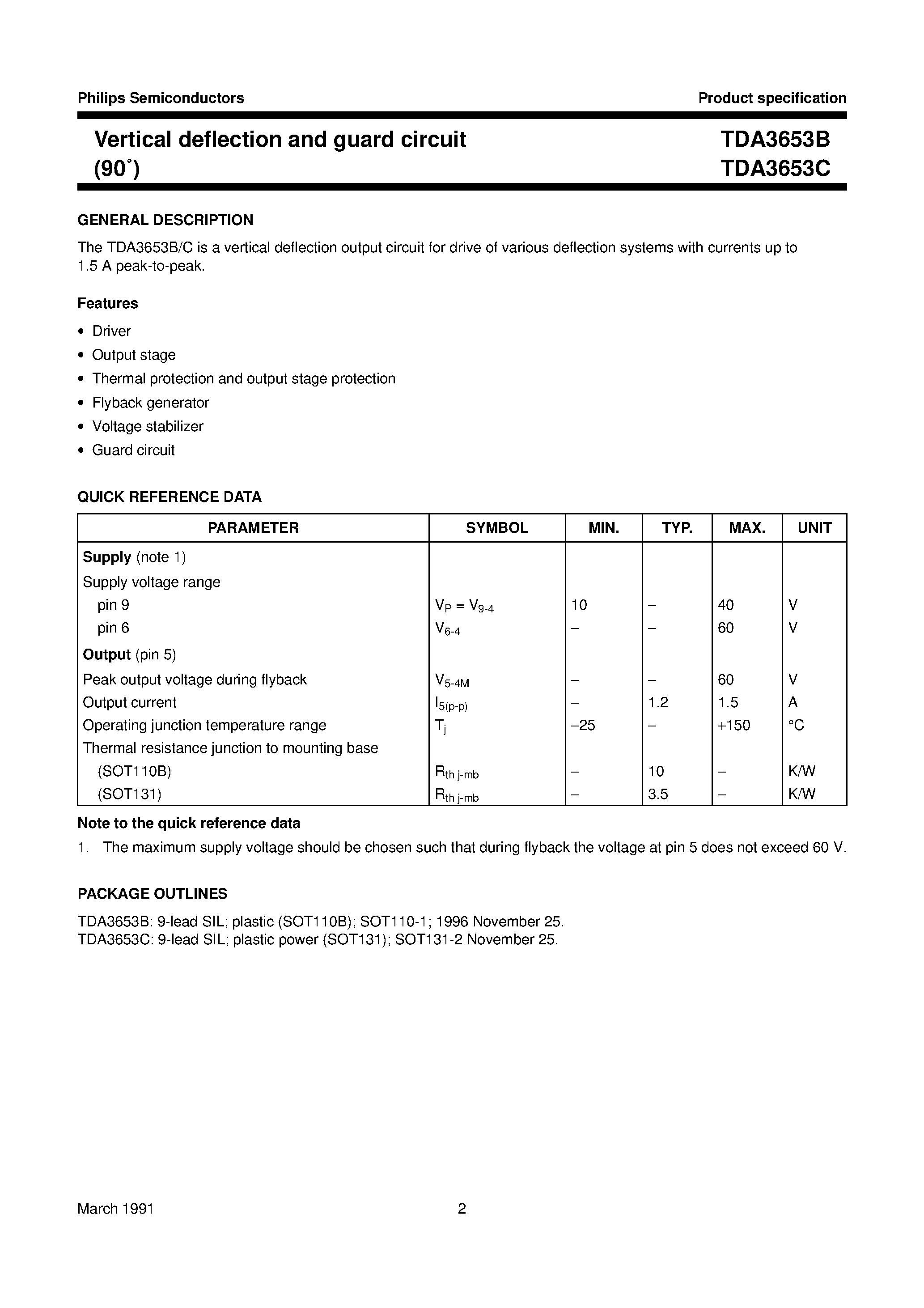 Datasheet TDA3653C - VERTICAL DEFLECTION AND GUARD CIRCUIT 90 page 2