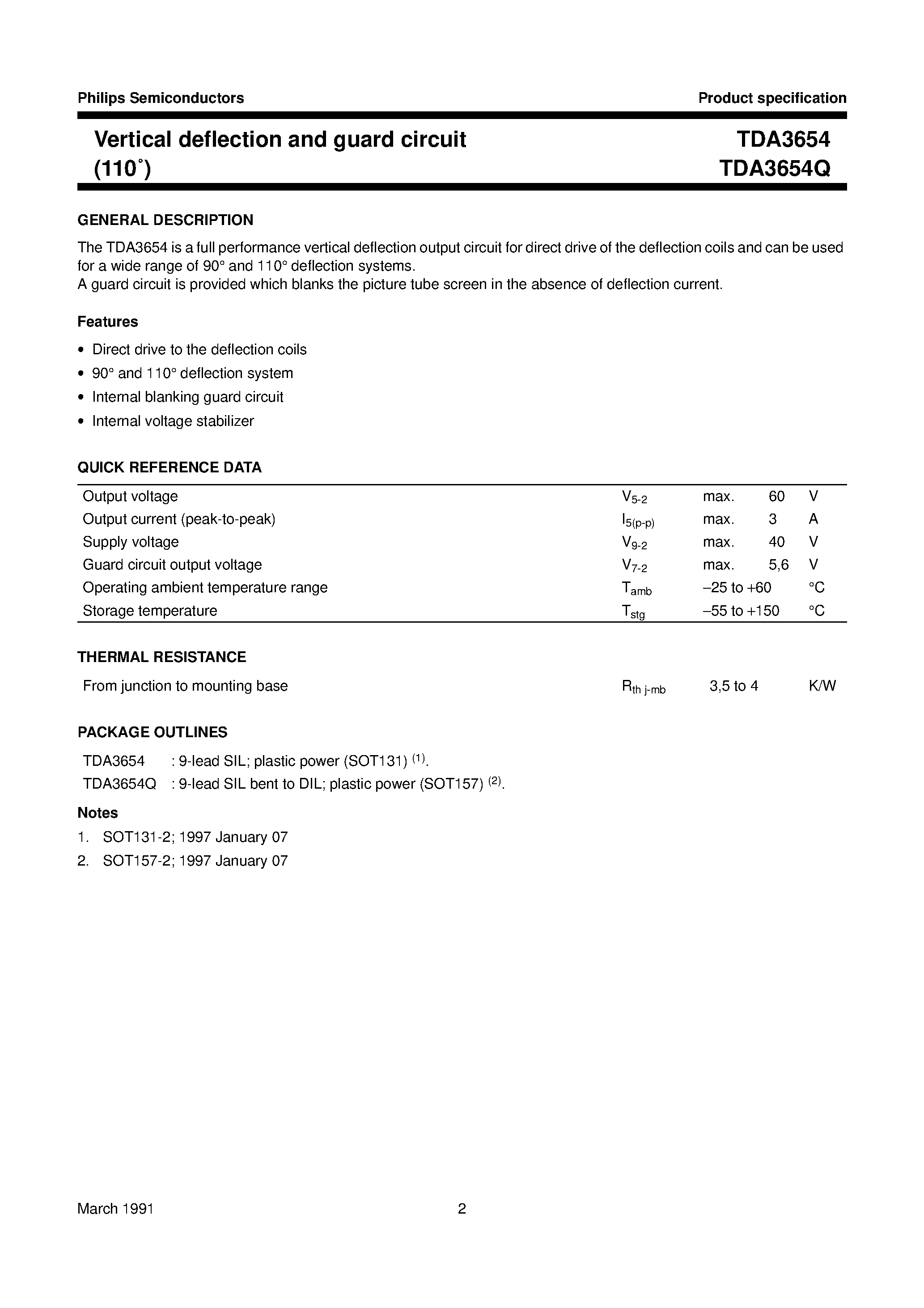 Datasheet TDA3654 - Vertical deflection and guard circuit 110 page 2