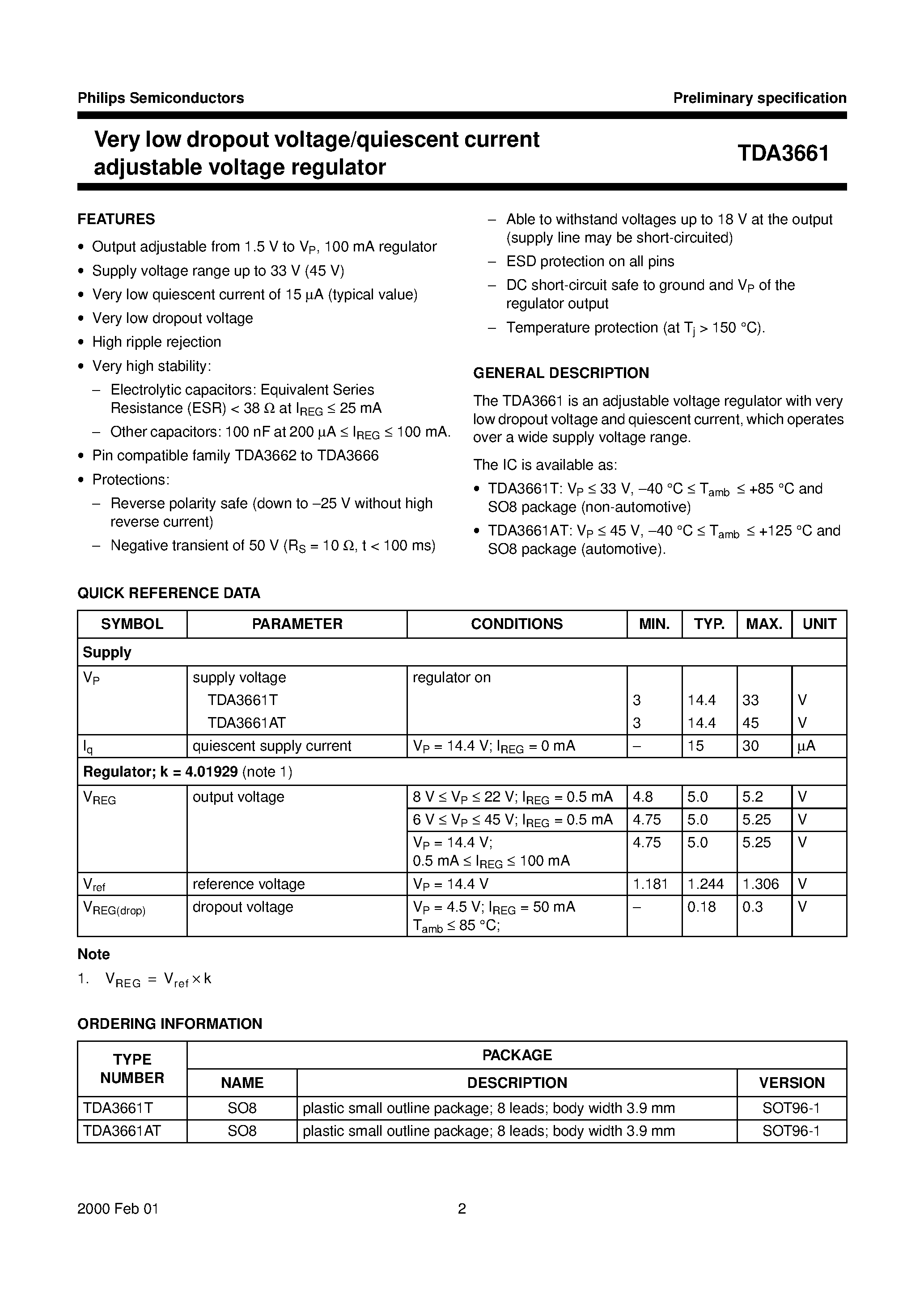 Datasheet TDA3661 - Very low dropout voltage/quiescent current adjustable voltage regulator page 2