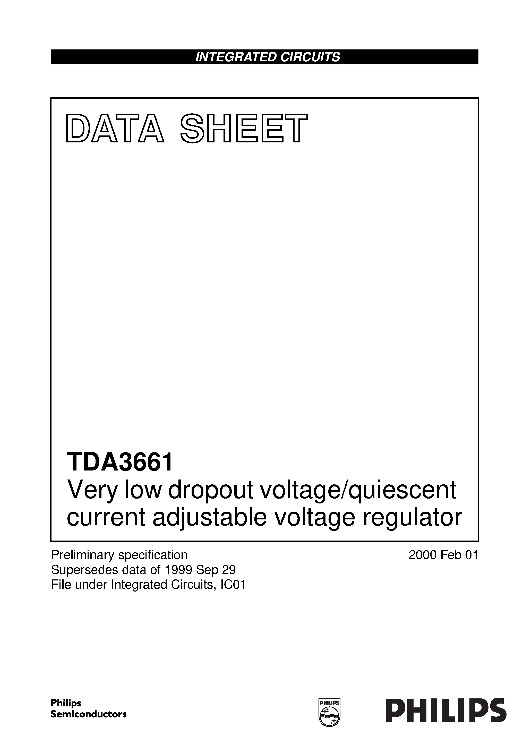 Datasheet TDA3661T - Very low dropout voltage/quiescent current adjustable voltage regulator page 1
