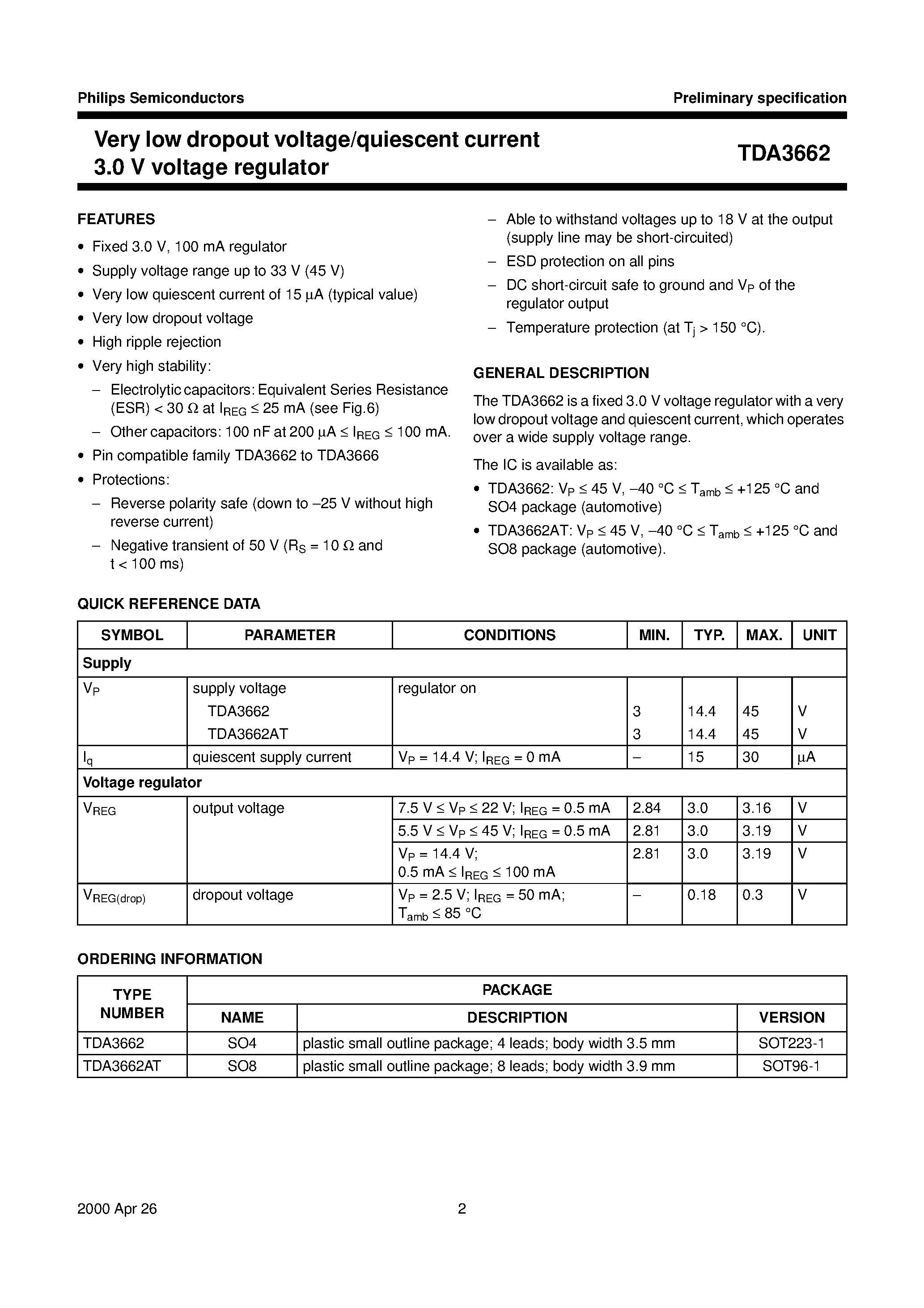 Даташит TDA3662AT - Very low dropout voltage/quiescent current 3.0 V voltage regulator страница 2