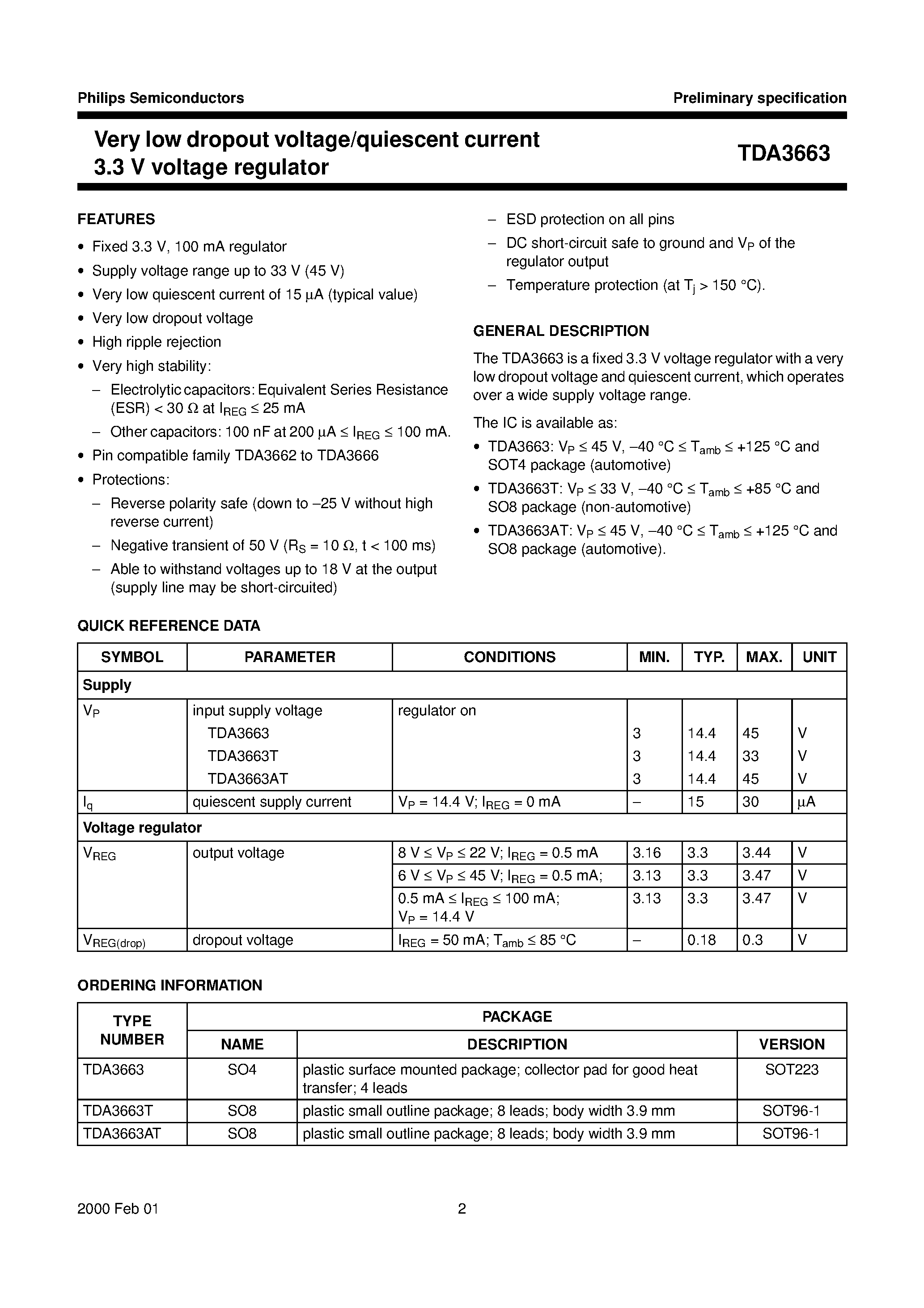 Даташит TDA3663AT - Very low dropout voltage/quiescent current 3.3 V voltage regulator страница 2