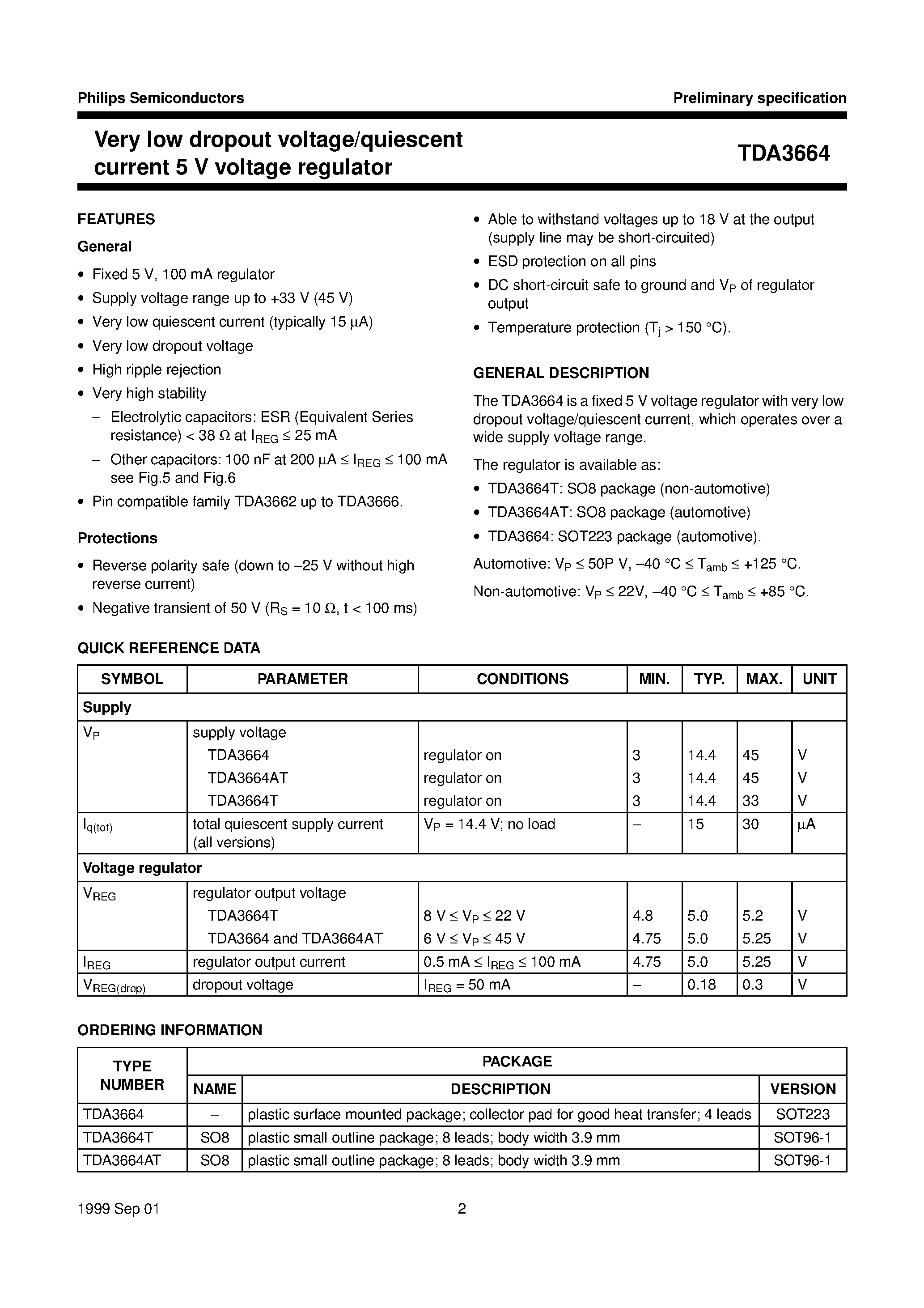 Даташит TDA3664 - Very low dropout voltage/quiescent current 5 V voltage regulator страница 2